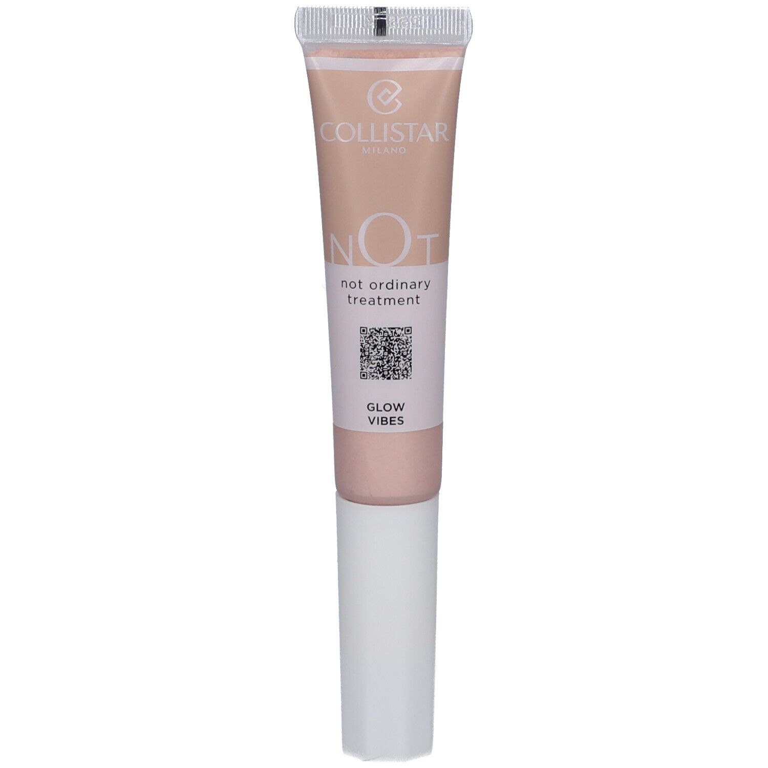 Tube beige avec applicateur blanc. Inscriptions : Collistar, NOT, Glow Vibes.