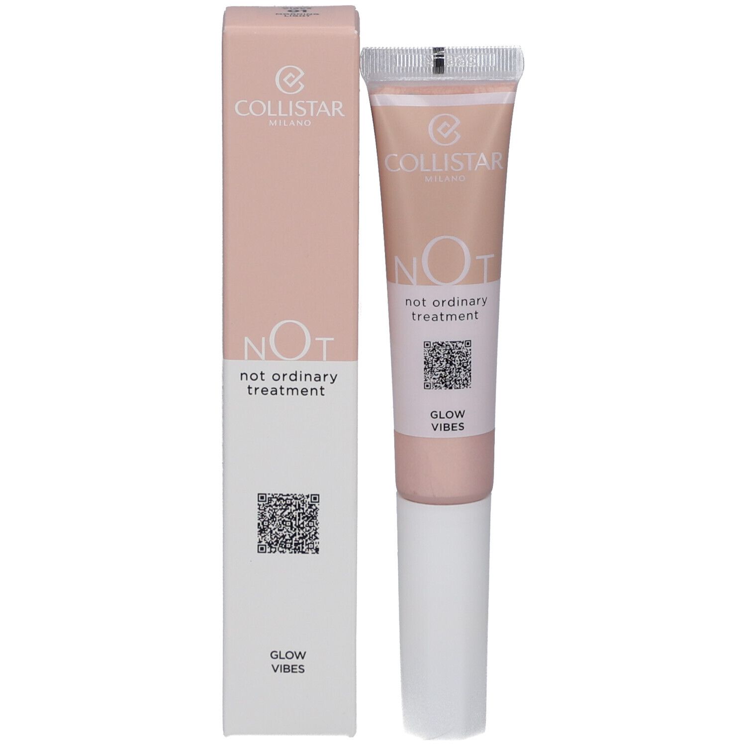 Produit et emballage. Tube et boîte. Inscriptions : Collistar, NOT, Glow Vibes.