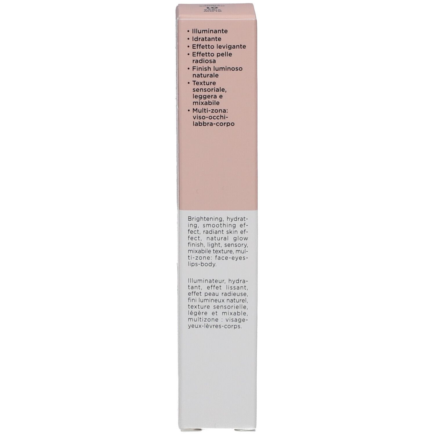 Côté de la boîte. Texte : illuminateur, hydratant, effet lissant, éclat naturel.