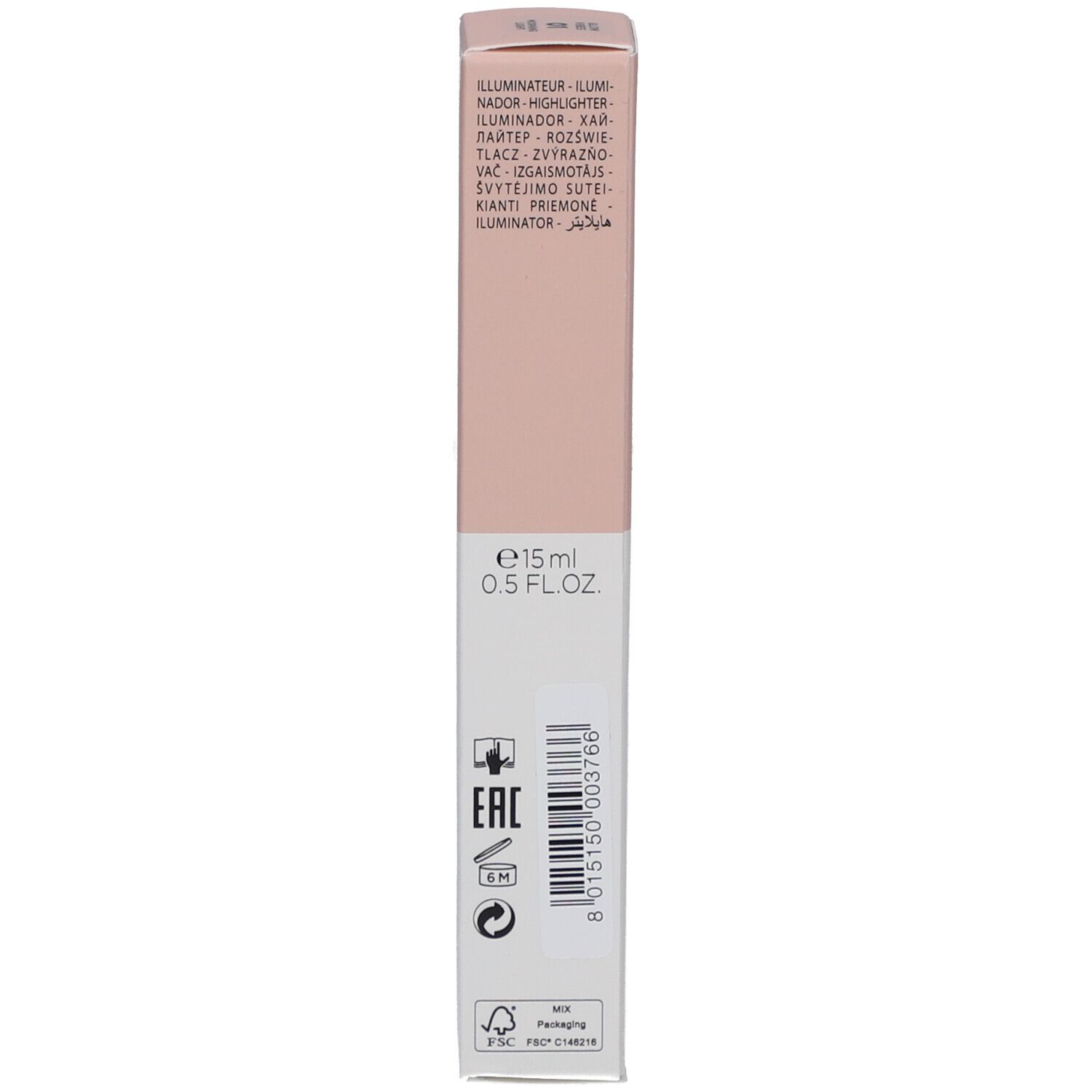 Côté de la boîte. Texte : e15ml, 0.5 fl.oz., EAC, logo FSC.
