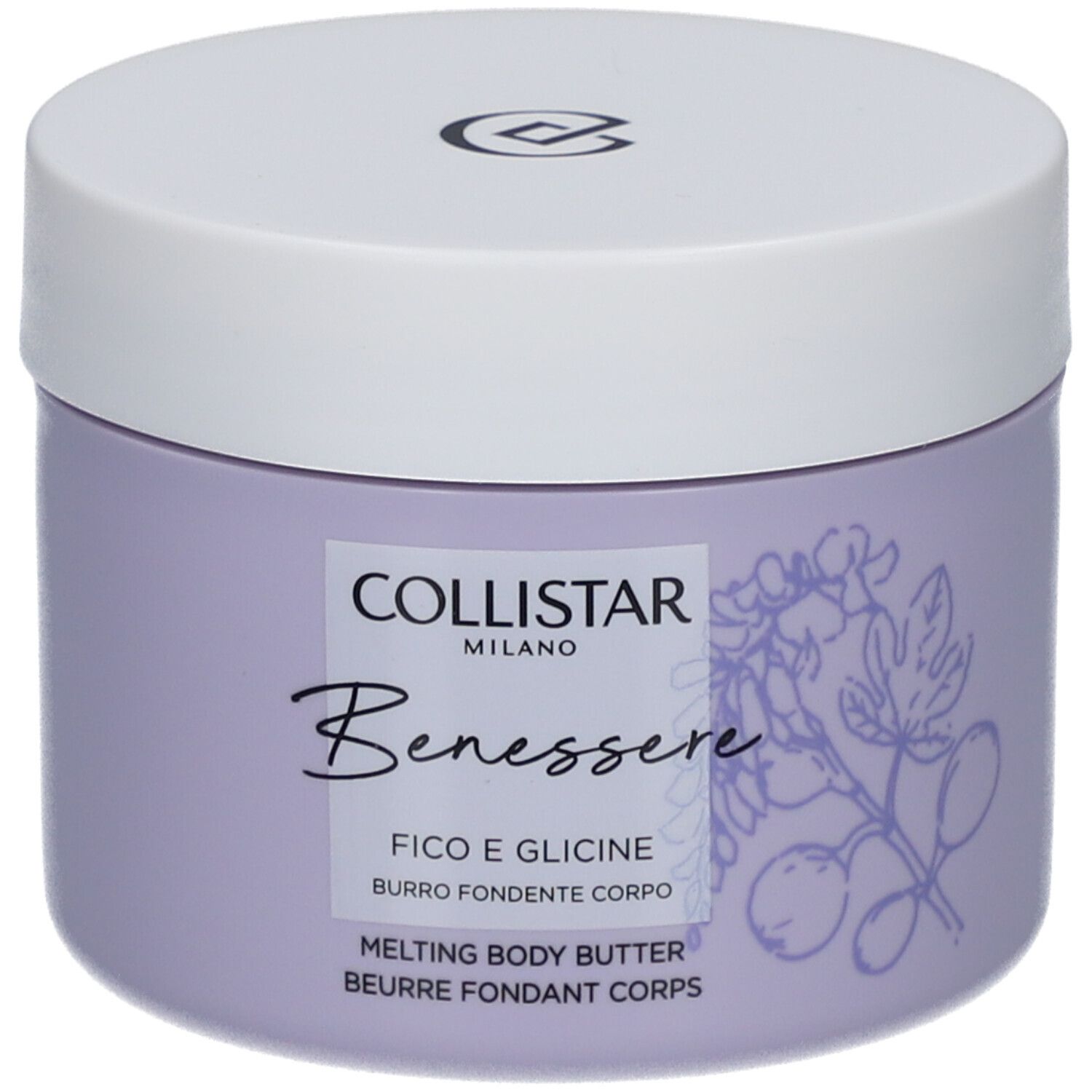 Lila Tiegel mit weißem Deckel. Aufschrift: Collistar, Benessere, Fico e Glicine, Melting Body Butter.
