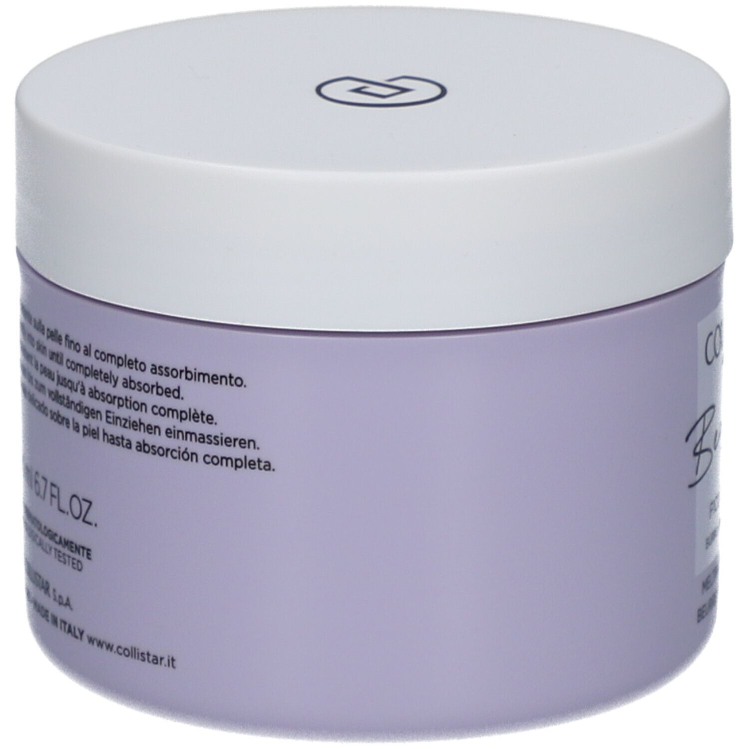 Lila Tiegel mit weißem Deckel. Aufschrift: Collistar, Benessere, Fico e Glicine, Melting Body Butter.