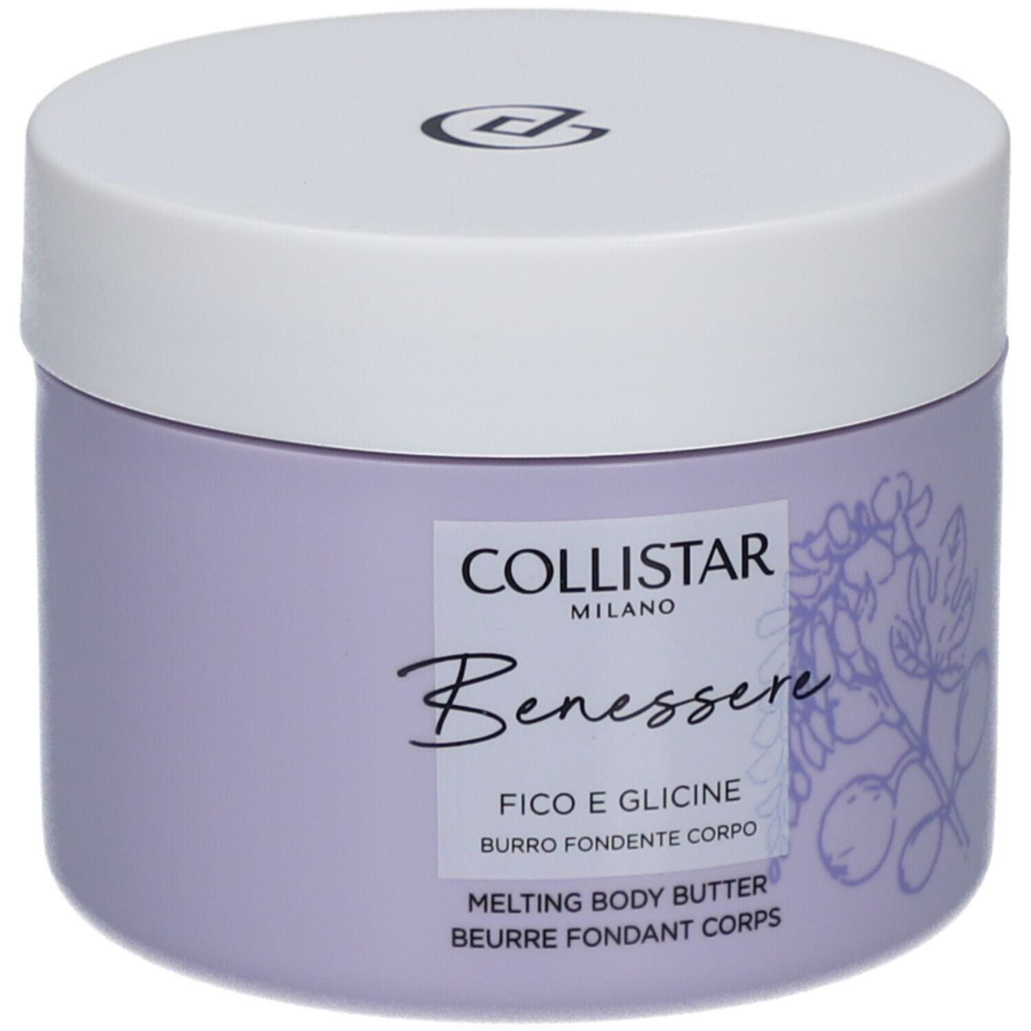 Lila Tiegel mit weißem Deckel. Aufschrift: Collistar, Benessere, Fico e Glicine, Melting Body Butter.