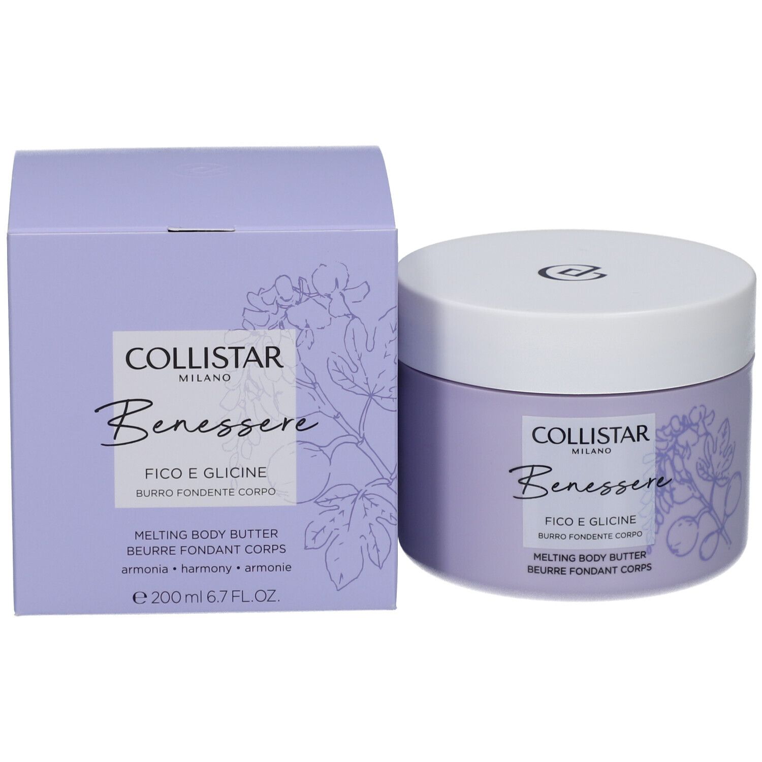 Produktverpackung: Tiegel und Schachtel. Aufschrift: Collistar, Benessere, Fico e Glicine, Melting Body Butter.