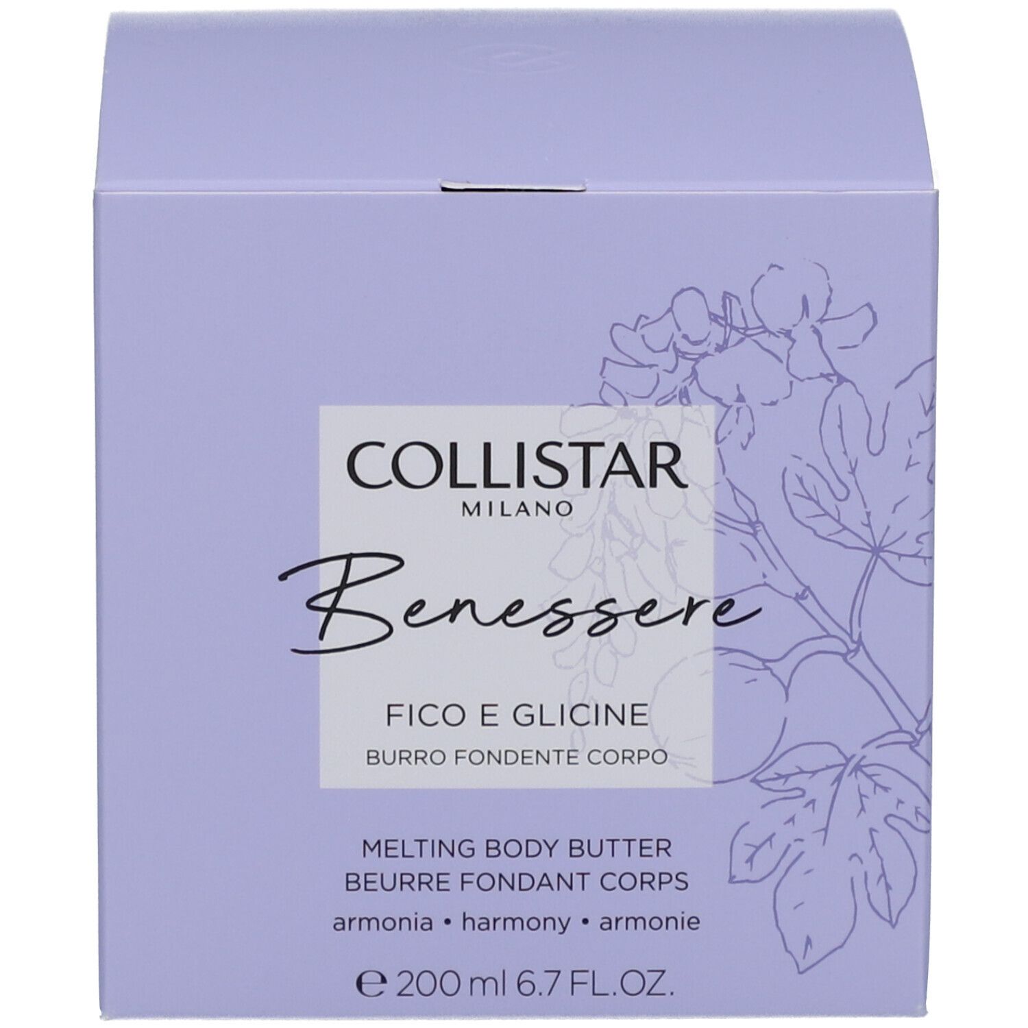 Produktverpackung: Schachtel. Aufschrift: Collistar, Benessere, Fico e Glicine, Melting Body Butter.