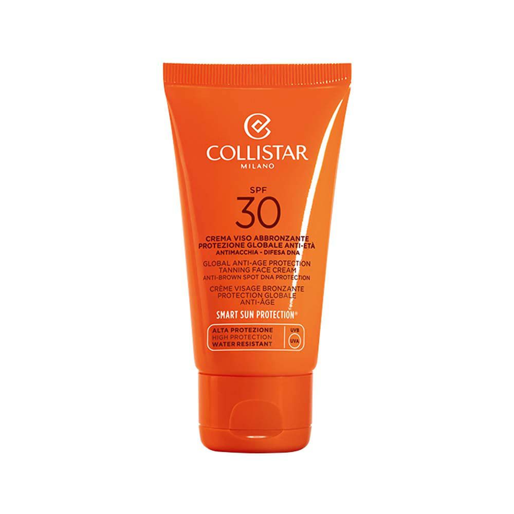 Tube orange de crème solaire. Texte: SPF 30, Collistar Milano. Crème Visage Bronzante. Résistant à l'eau.