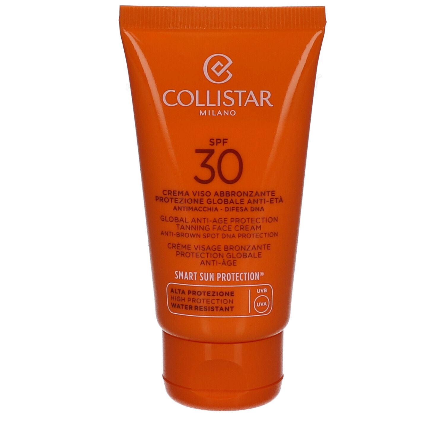 Tube orange de crème solaire. Texte: SPF 30, Collistar Milano. Crème Visage Bronzante. Résistant à l'eau.