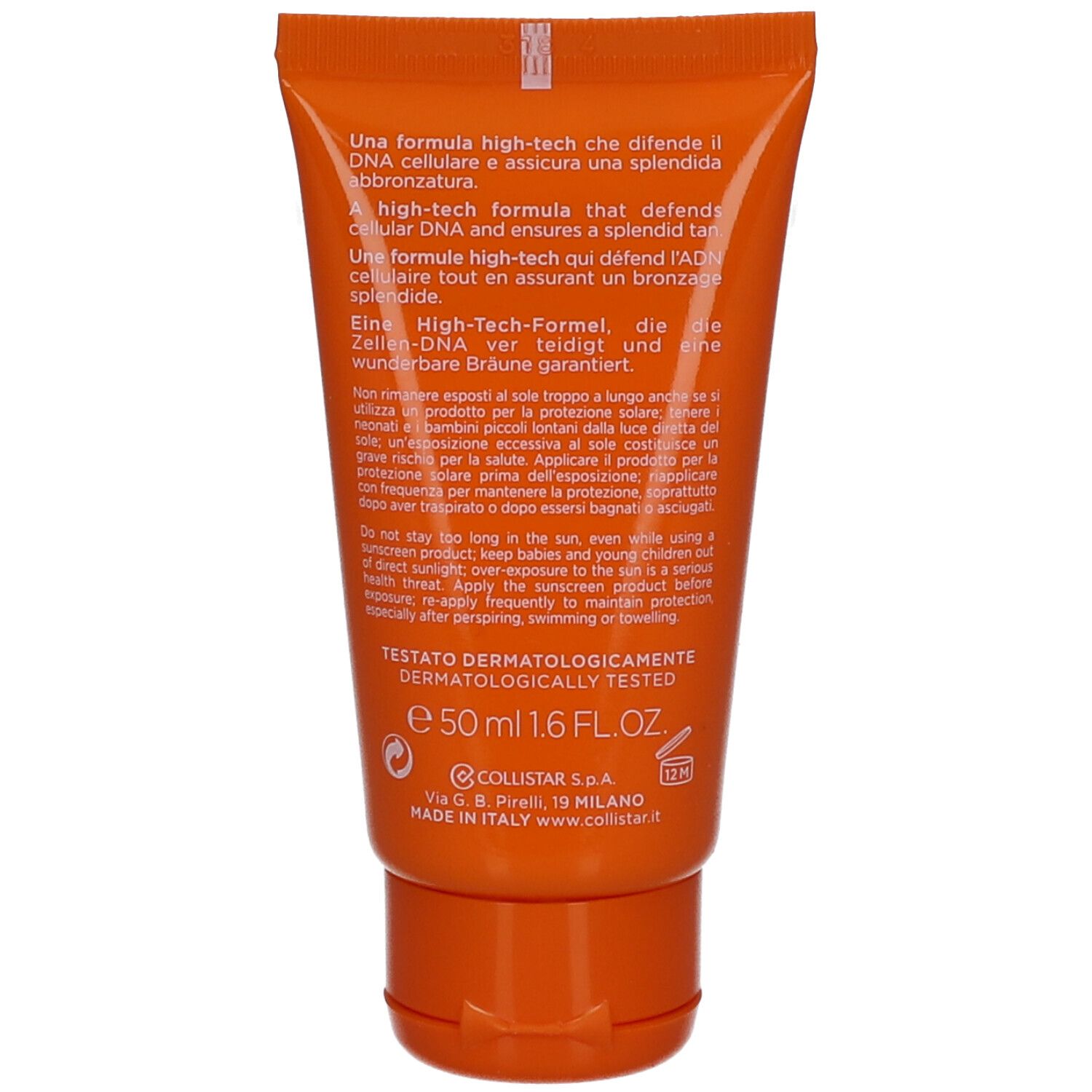 Dos d'un tube de crème solaire orange. Texte: ingrédients, instructions d'utilisation, testé dermatologiquement.