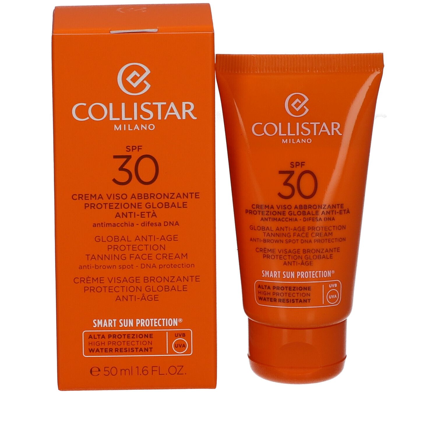 Tube et boîte de crème solaire. Texte: SPF 30, Collistar Milano. Crème Visage Bronzante. Résistant à l'eau. 50ml.