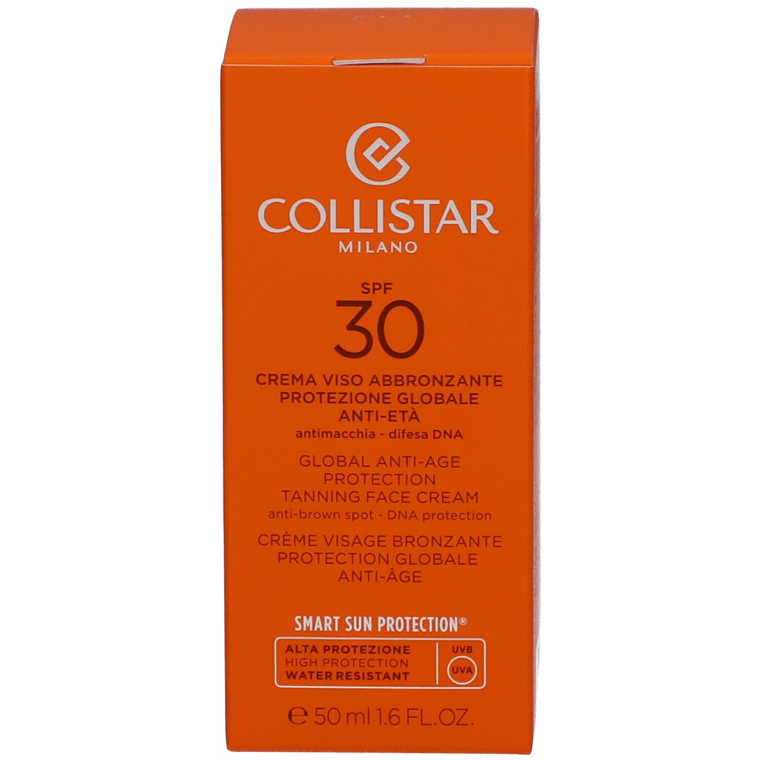 Boîte orange de crème solaire. Texte: SPF 30, Collistar Milano. Crème Visage Bronzante. 50ml.