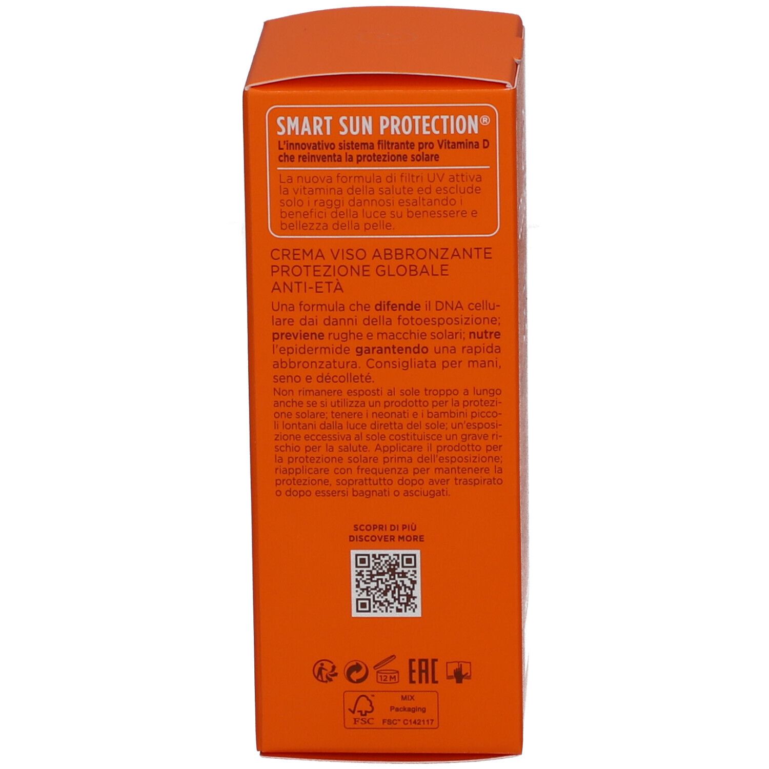 Dos de la boîte de crème solaire. Texte: Smart Sun Protection, ingrédients, instructions, code QR.