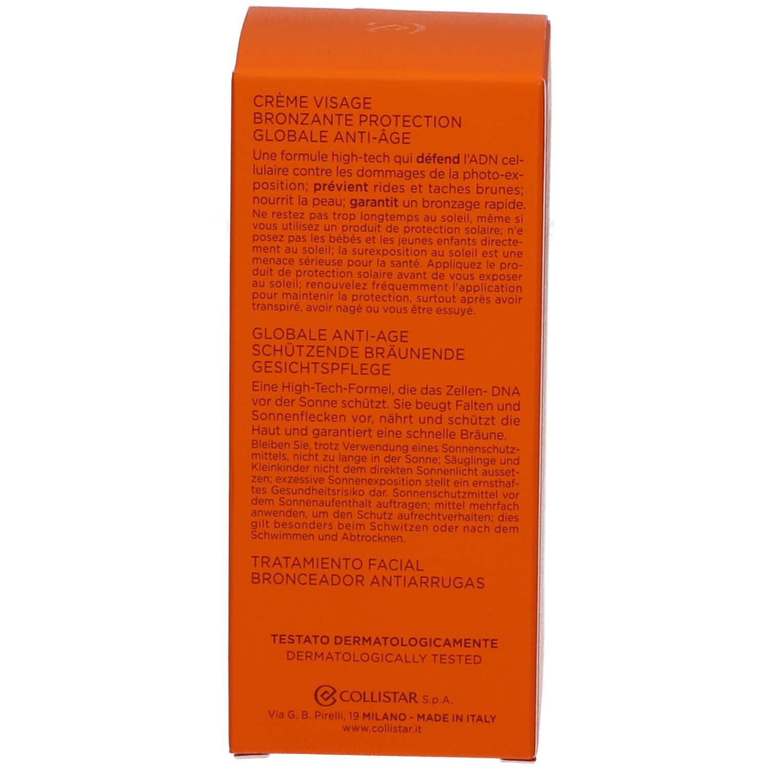 Côté de la boîte de crème solaire. Texte: Crème Visage Bronzante, testé dermatologiquement, ingrédients.