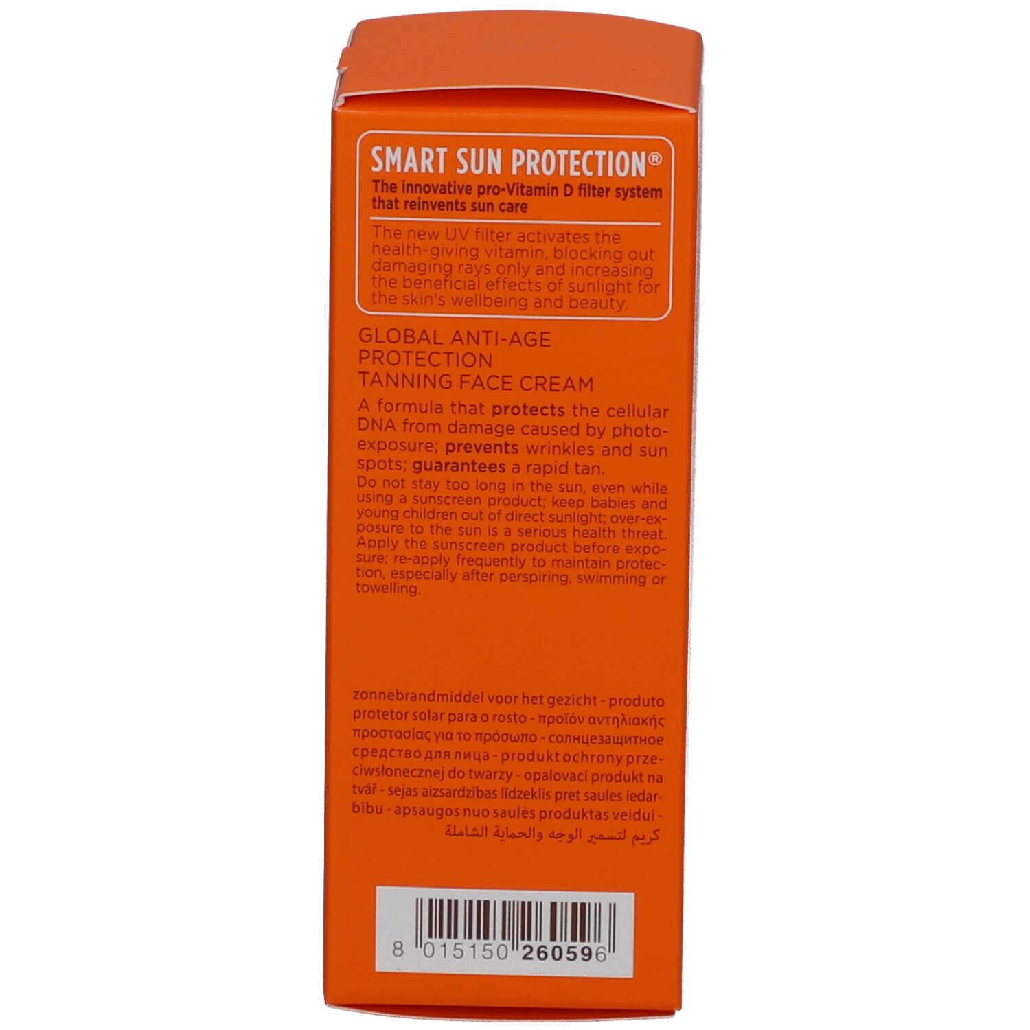 Dos de la boîte de crème solaire. Texte: Smart Sun Protection, ingrédients, code-barres, 8 015150 260596.