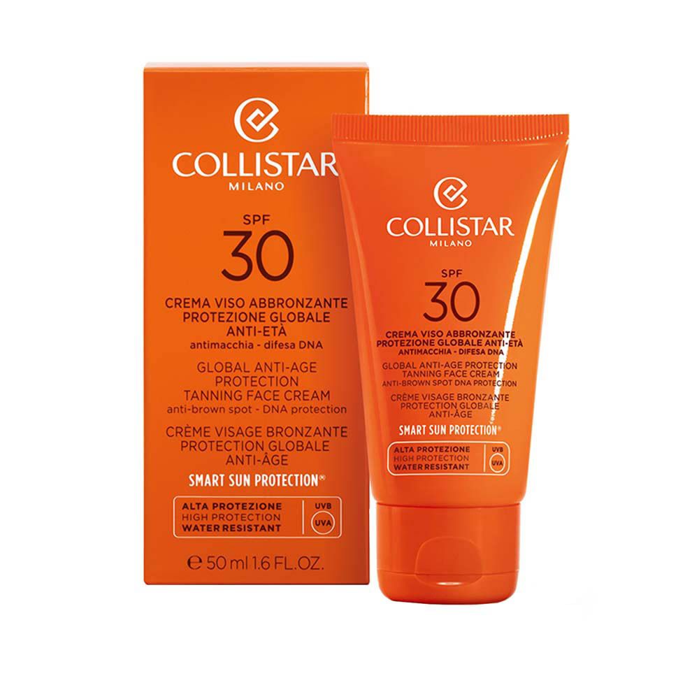 Tube et boîte de crème solaire. Texte: SPF 30, Collistar Milano. Crème Visage Bronzante. Résistant à l'eau. 50ml.