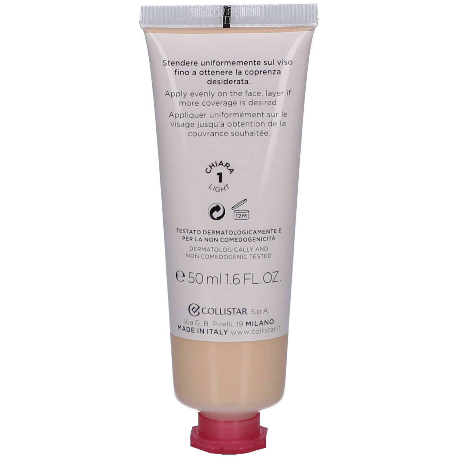 Rückseite der BB Cream Tube. Marke Collistar. Idroattiva+ Anti-Pollution. Farbton Light. Mit SPF 30. Text in Italienisch.