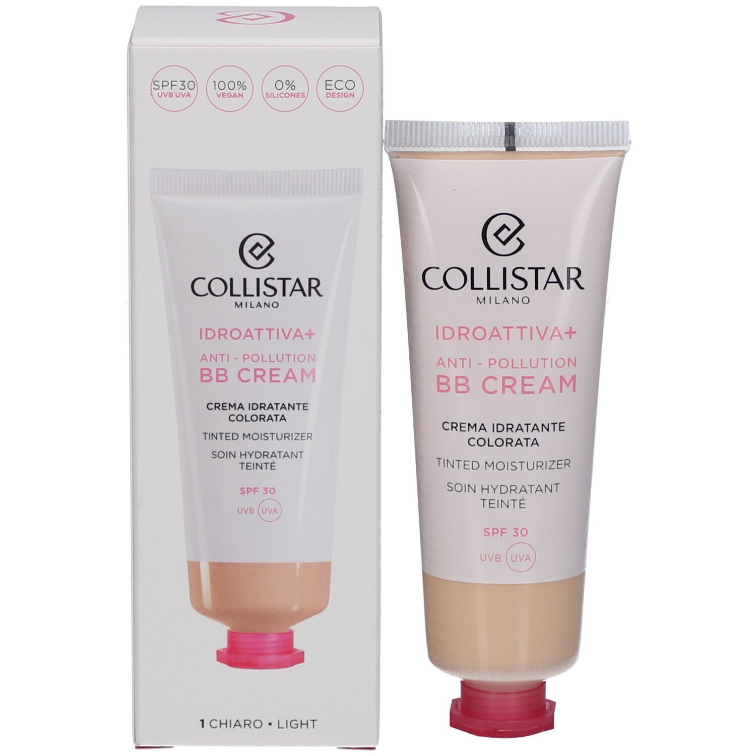 BB Cream Tube und Verpackung. Marke Collistar. Idroattiva+ Anti-Pollution. Farbton Light. Mit SPF 30. Vegan.