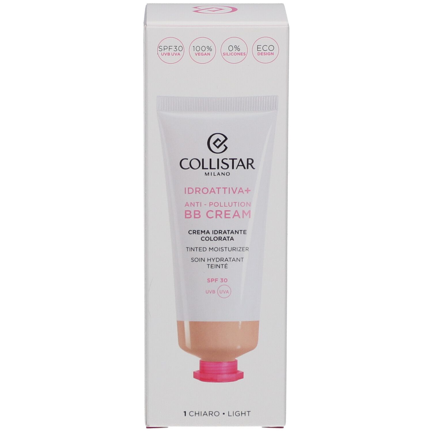 Verpackung der BB Cream. Marke Collistar. Idroattiva+ Anti-Pollution. Farbton Light. Mit SPF 30. Vegan.