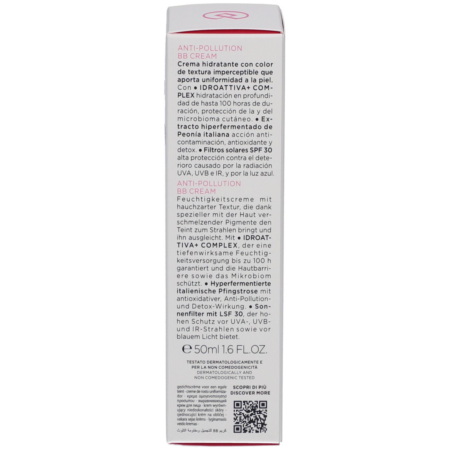 Verpackung der BB Cream. Marke Collistar. Idroattiva+ Anti-Pollution. Text in Italienisch. Mit SPF 30.