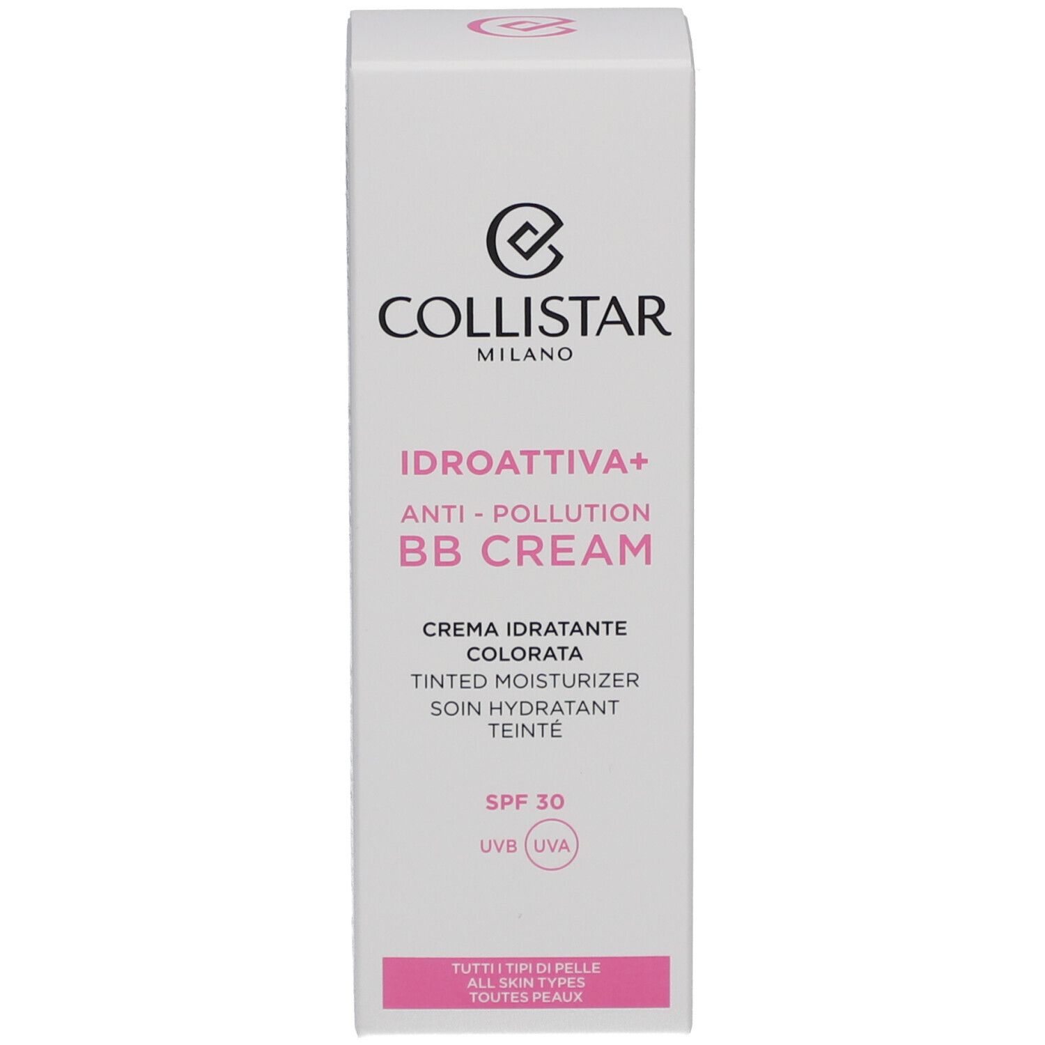 Verpackung der BB Cream. Marke Collistar. Idroattiva+ Anti-Pollution. Mit SPF 30. Für alle Hauttypen.