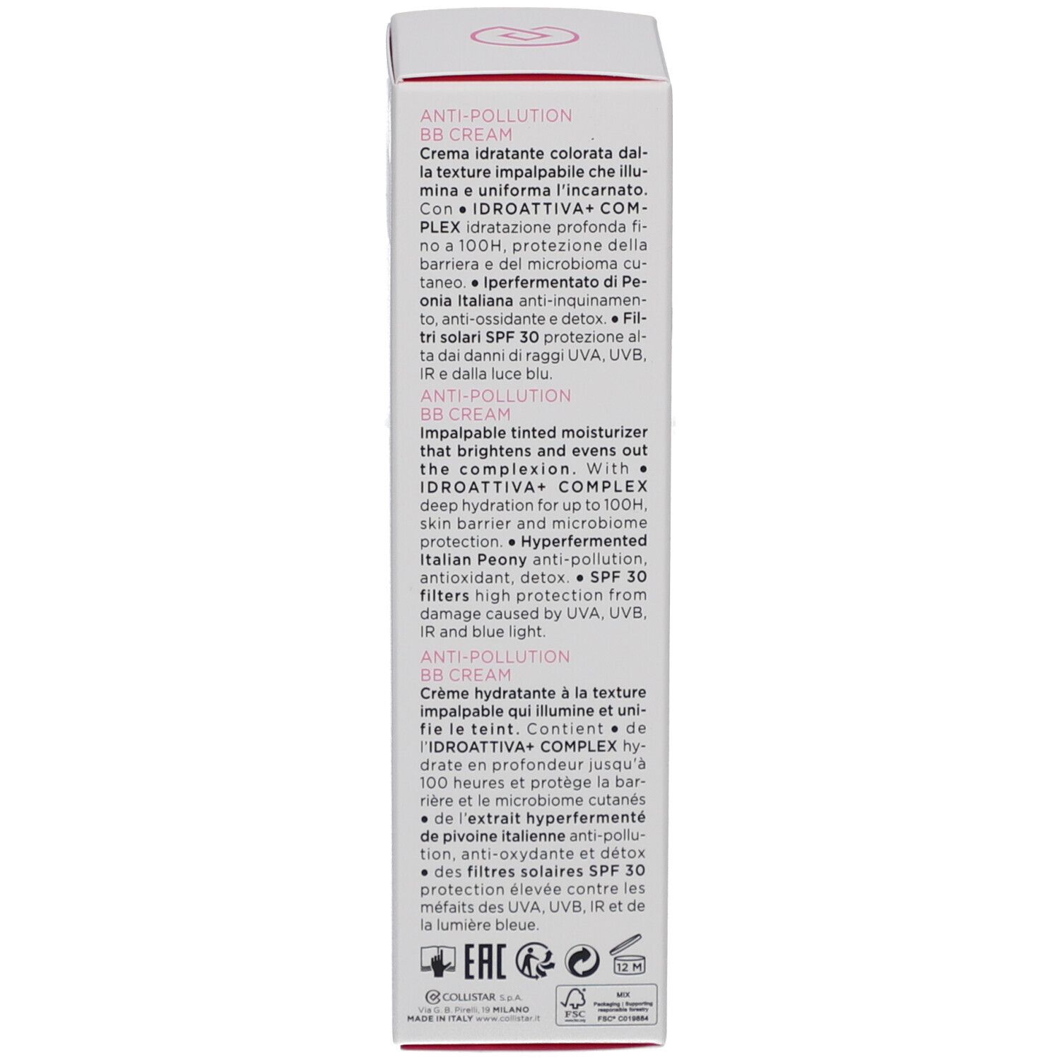 Rückseite der Verpackung der BB Cream. Marke Collistar. Text in Italienisch und Französisch. Mit SPF 30.
