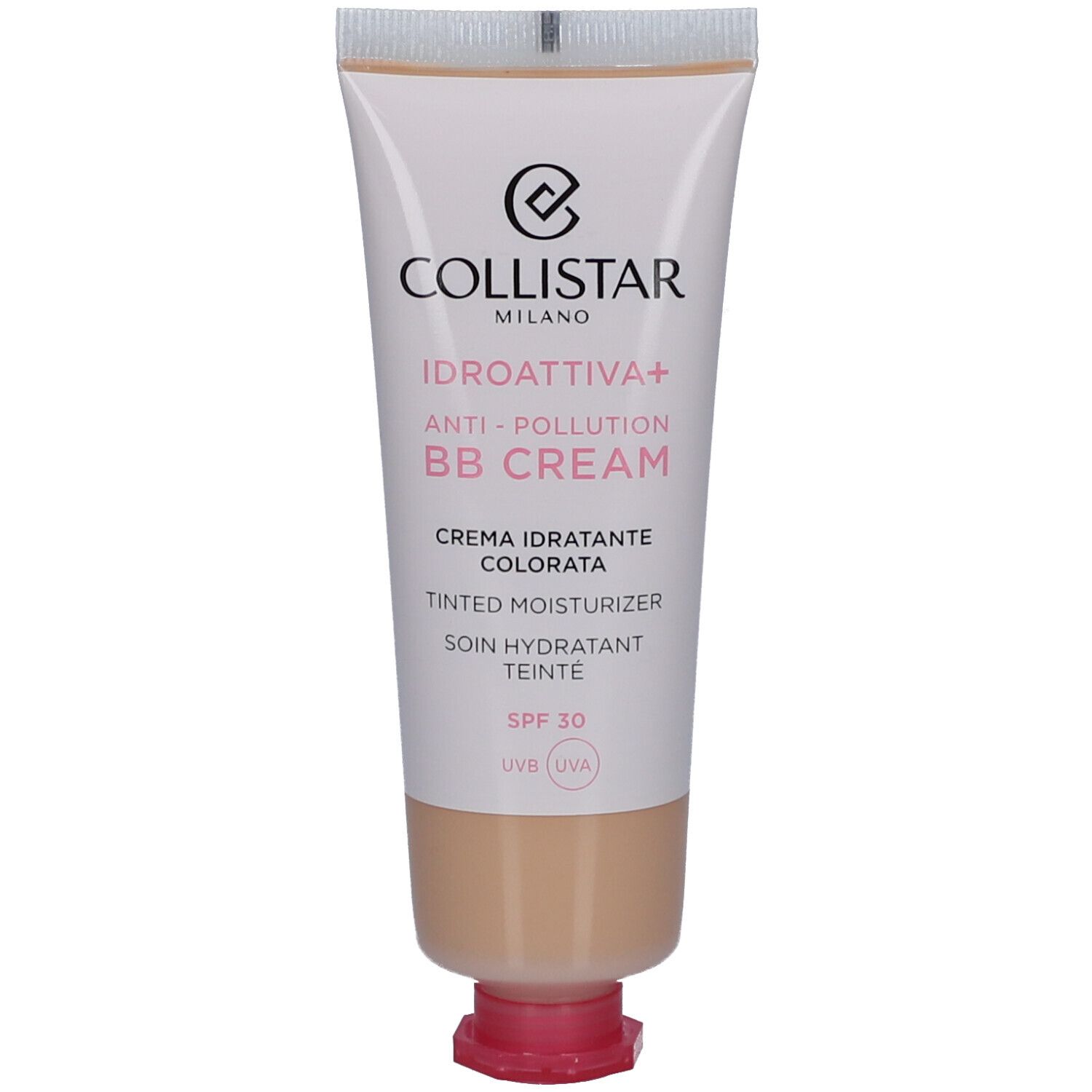 Creme-Tube mit Aufschrift Collistar, IDROATTIVA+, Anti-Pollution BB Cream. Farbton Medium, SPF 30.