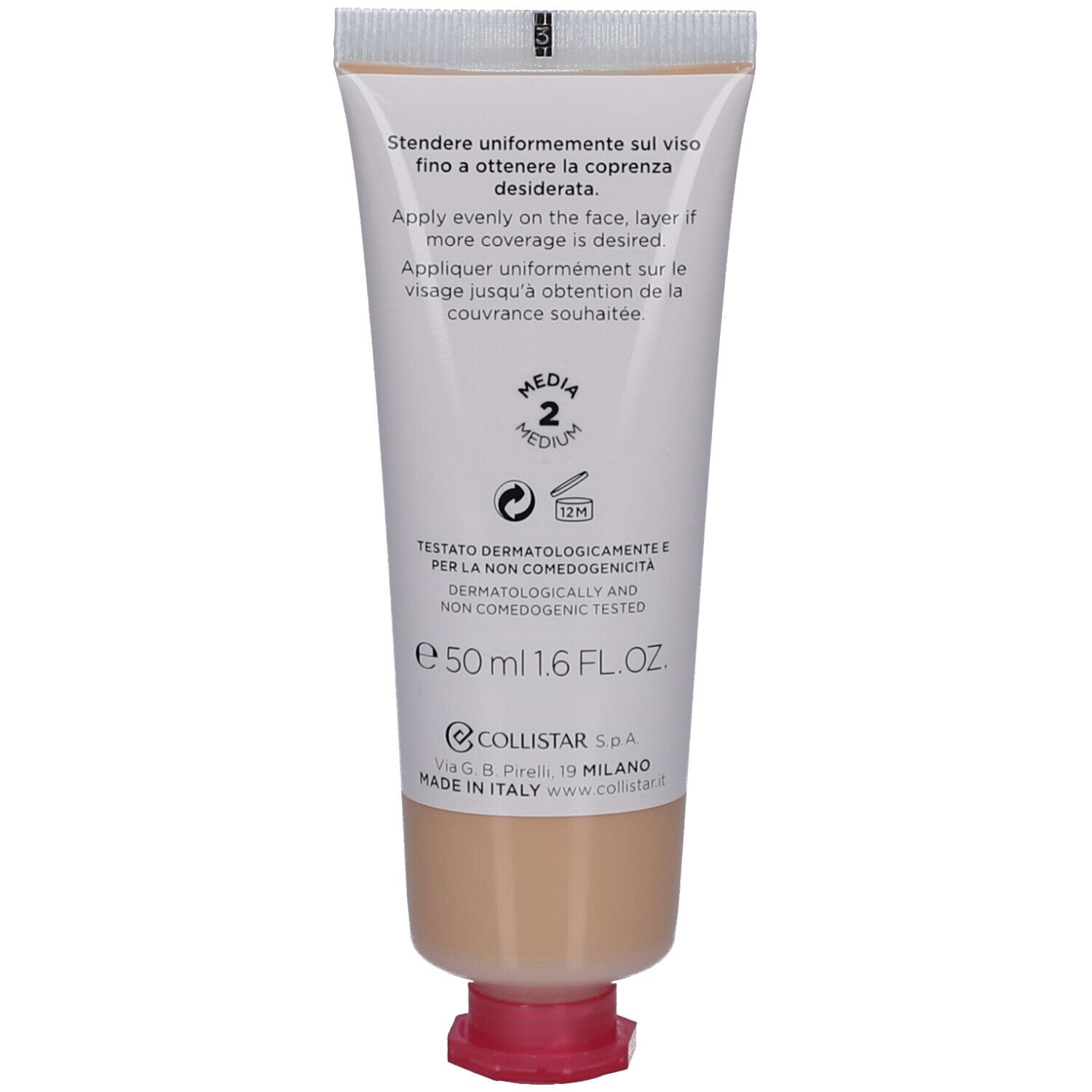 Rückseite der Creme-Tube. Text in italienischer, englischer und französischer Sprache. Farbton Medium.