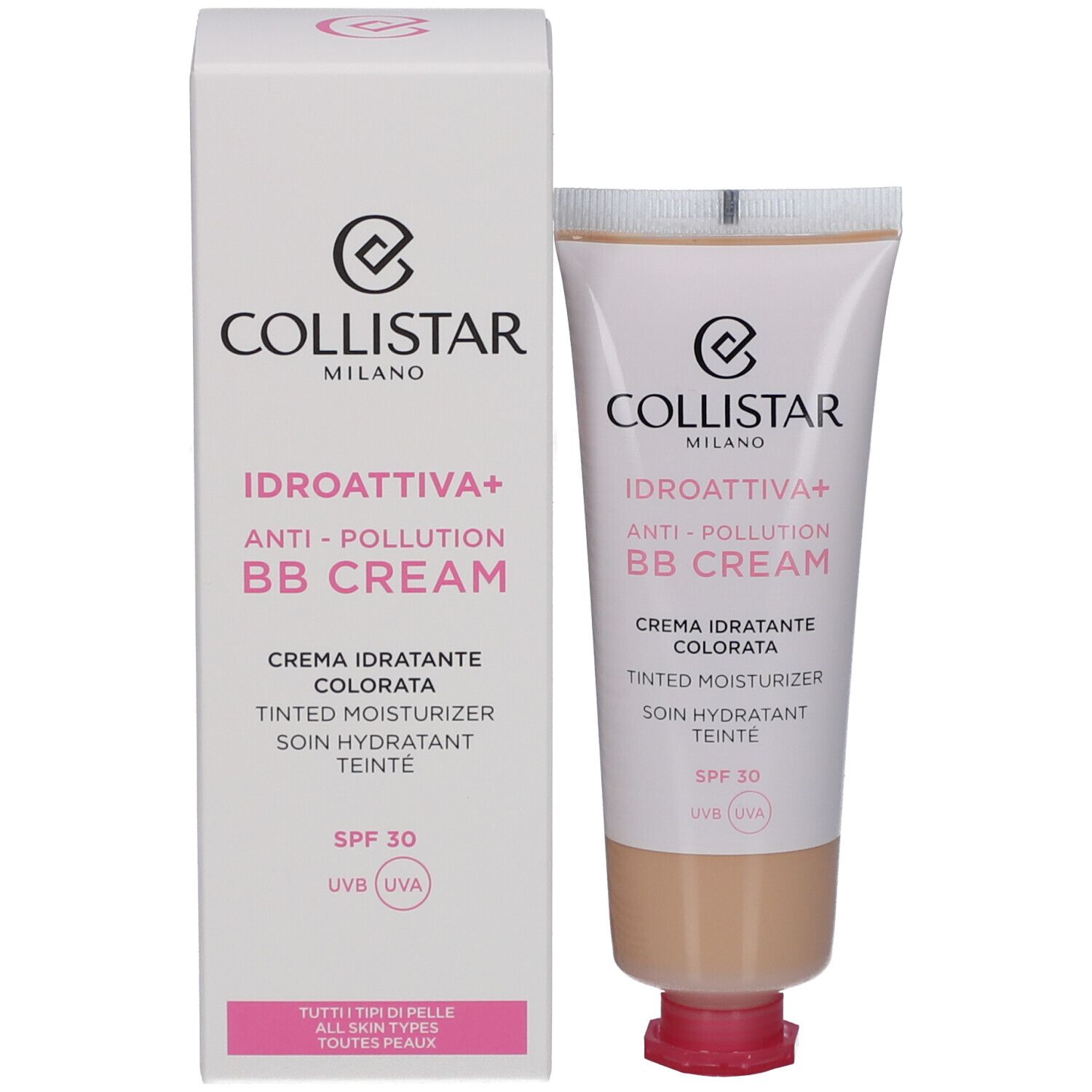 Collistar IDROATTIVA+ Anti-Pollution BB Cream und Verpackung. Farbton Medium, SPF 30. Alle Hauttypen.