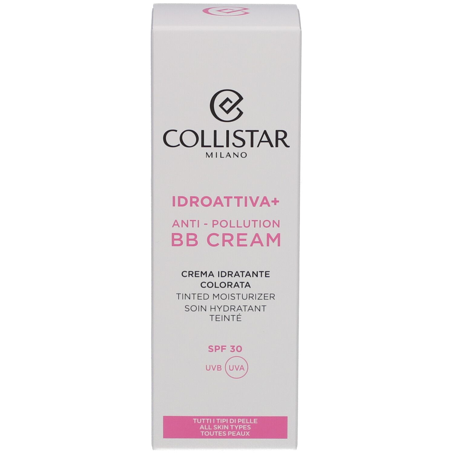 Verpackung der Collistar IDROATTIVA+ Anti-Pollution BB Cream. Farbton Medium, SPF 30. Alle Hauttypen.