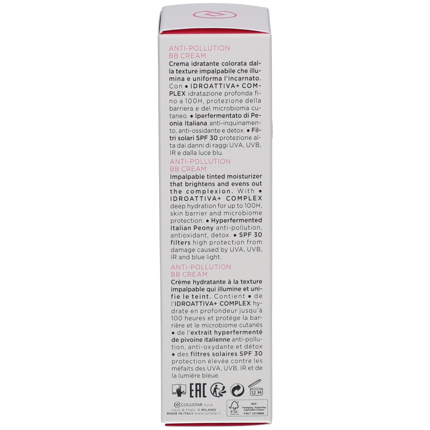 Verpackung der Collistar IDROATTIVA+ Anti-Pollution BB Cream. Produktbeschreibung in drei Sprachen.
