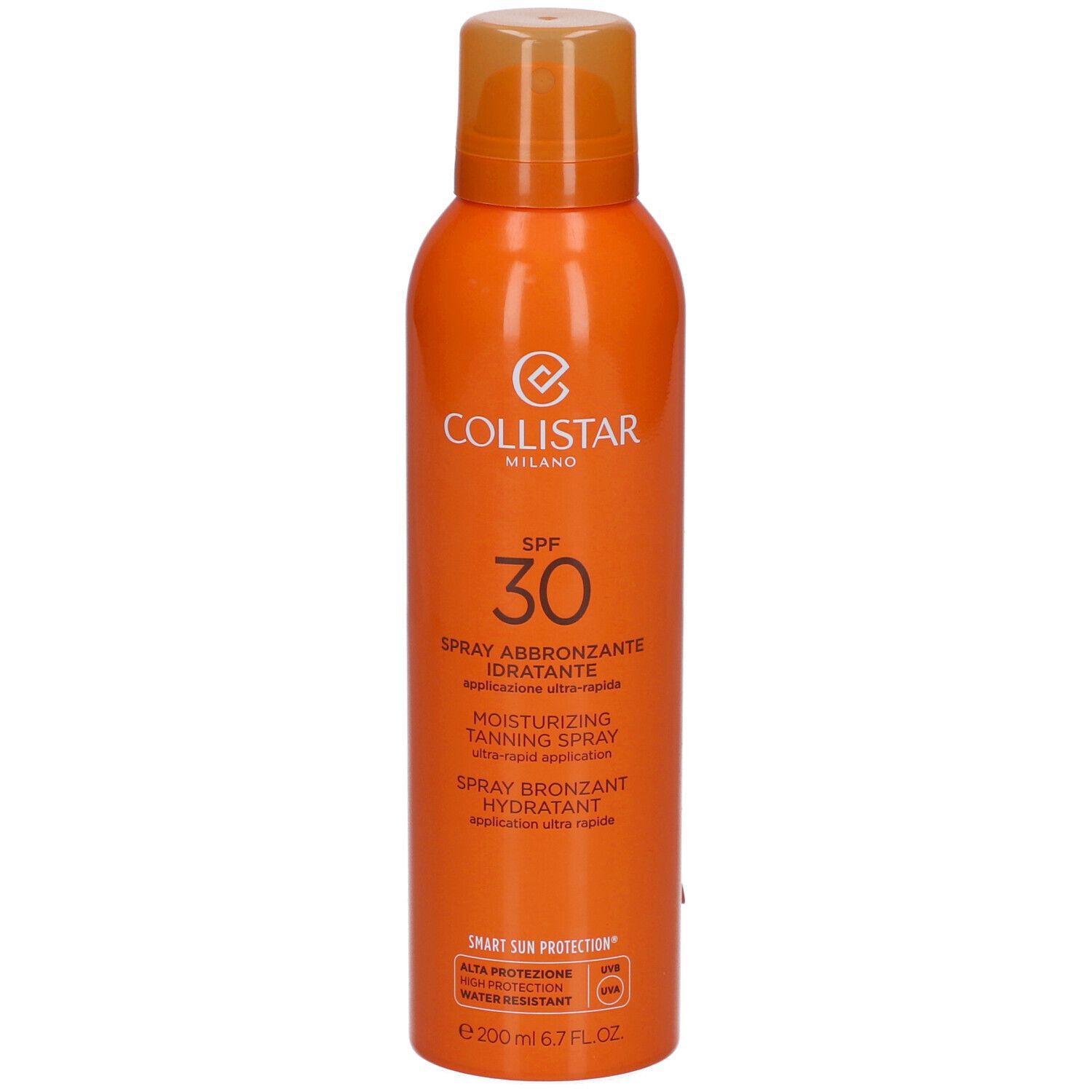 Orangefarbene Sprühflasche mit Collistar-Logo und SPF 30. Text: Spray abbronzante idratante, Moisturizing Tanning Spray.