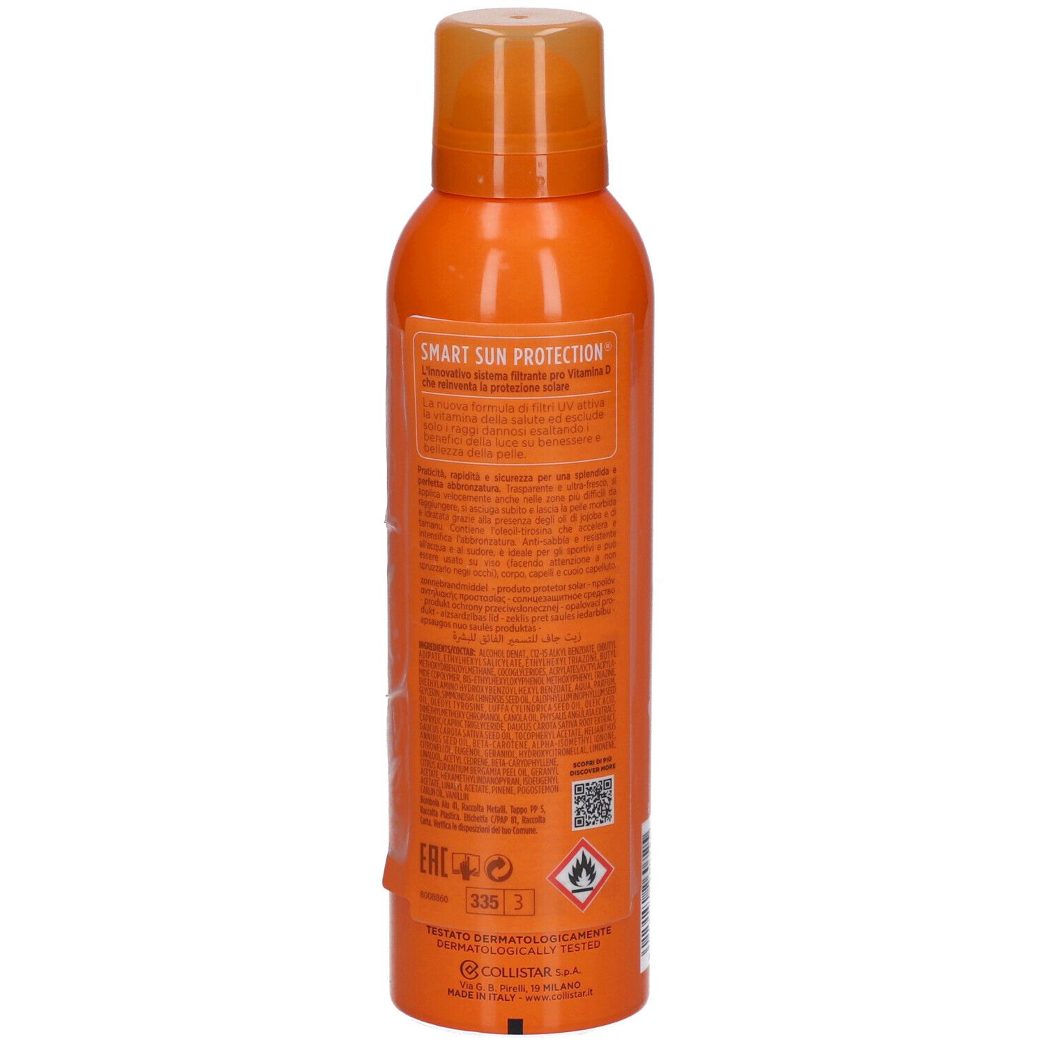 Orangefarbene Sprühflasche, Rückansicht mit Text. Collistar-Logo nicht sichtbar. Text: Smart Sun Protection, dermatologisch getestet.