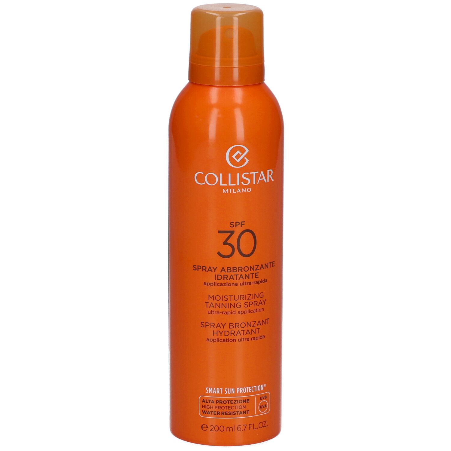 Orangefarbene Sprühflasche mit Collistar-Logo und SPF 30. Text: Spray abbronzante idratante, Moisturizing Tanning Spray.