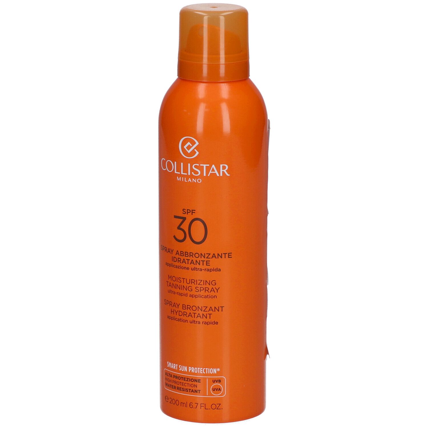 Orangefarbene Sprühflasche mit Collistar-Logo und SPF 30. Text: Spray abbronzante idratante, Moisturizing Tanning Spray.