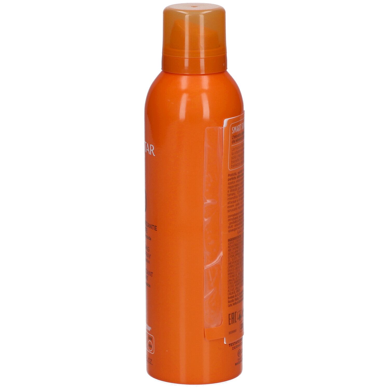 Orangefarbene Sprühflasche, Seitenansicht. Text auf der Flasche. Collistar-Logo nicht sichtbar.