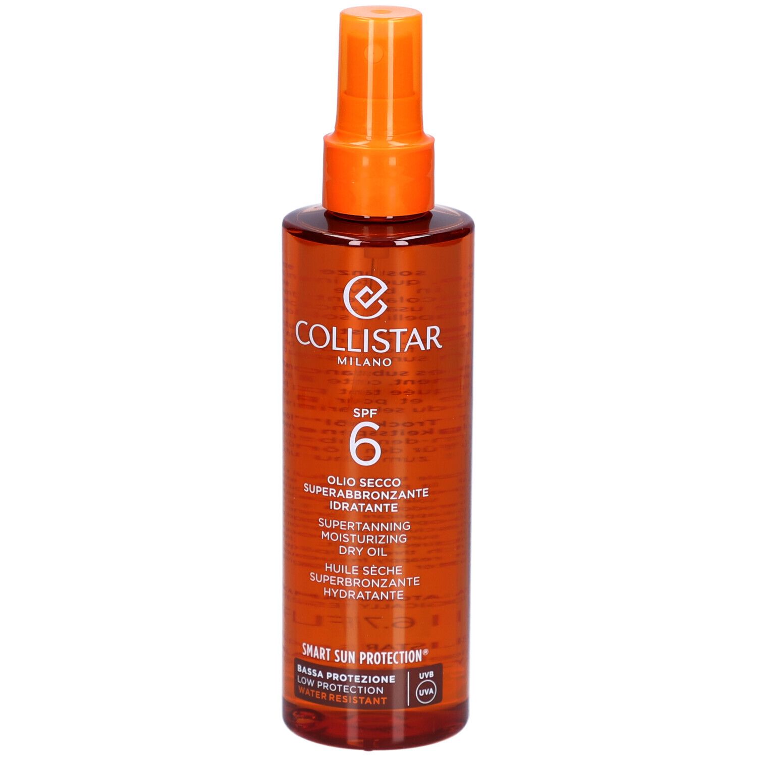 Braune Flasche mit Sprühkopf. Aufschrift: Collistar Milano, SPF 6, Öl.
