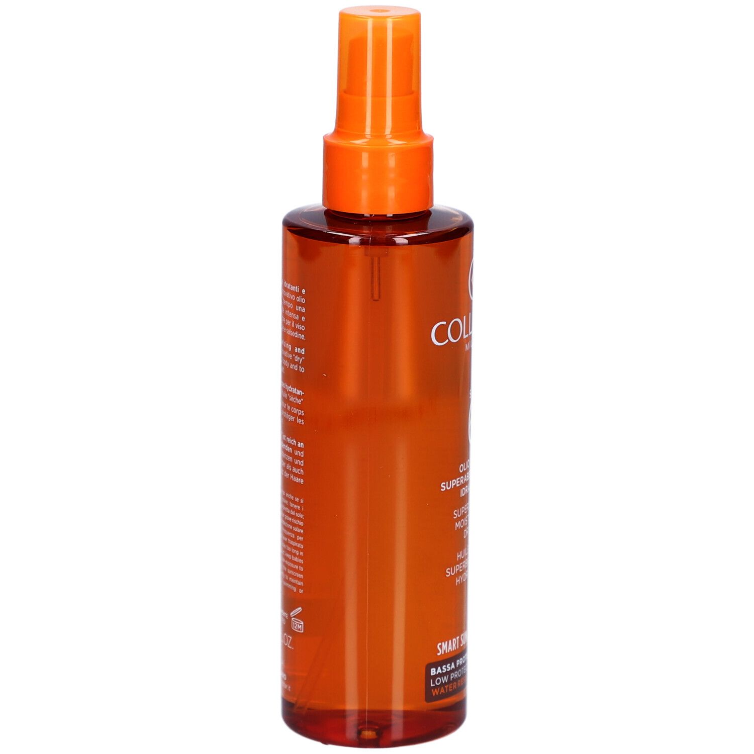 Braune Flasche mit Sprühkopf. Aufschrift: Collistar Milano, SPF 6, Öl.