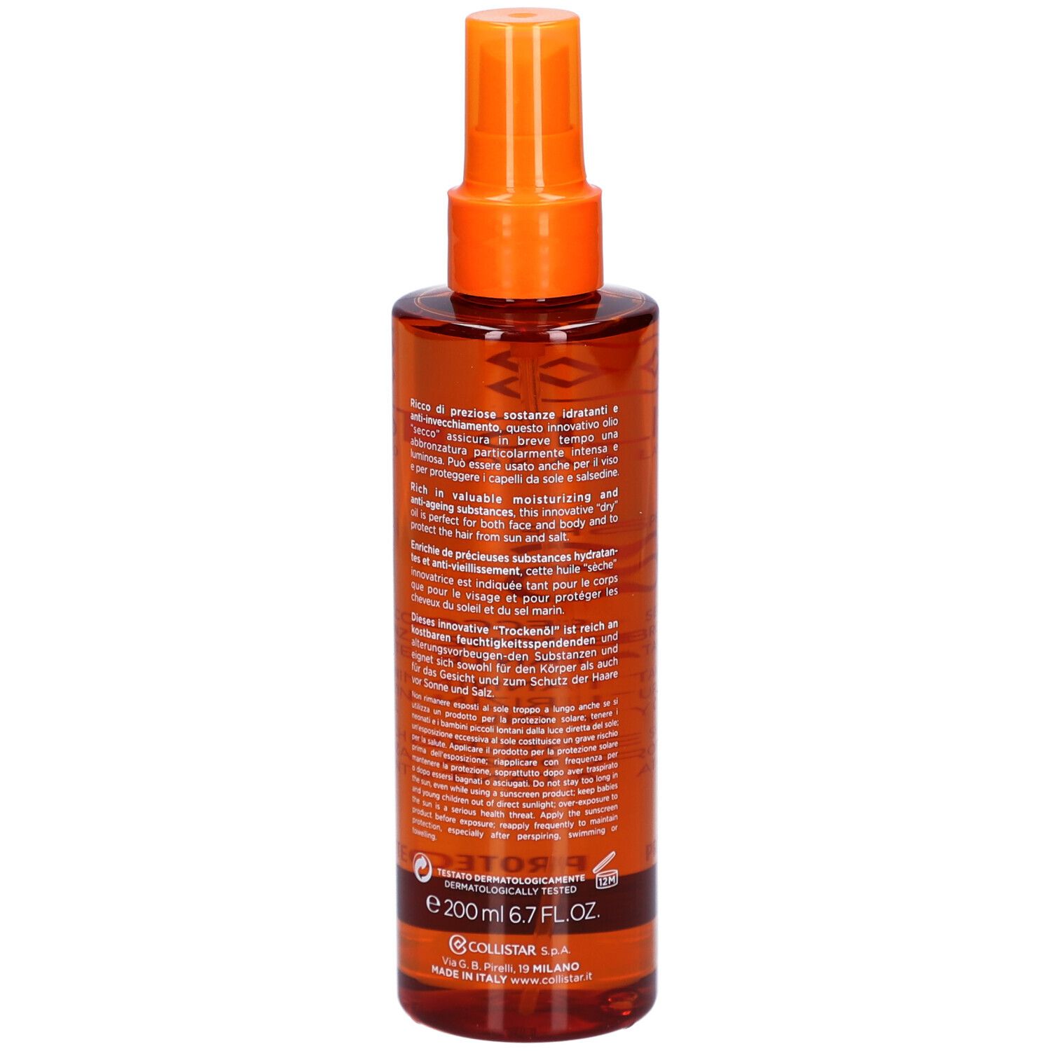 Braune Flasche mit Sprühkopf. Aufschrift: Collistar Milano, SPF 6, Öl.