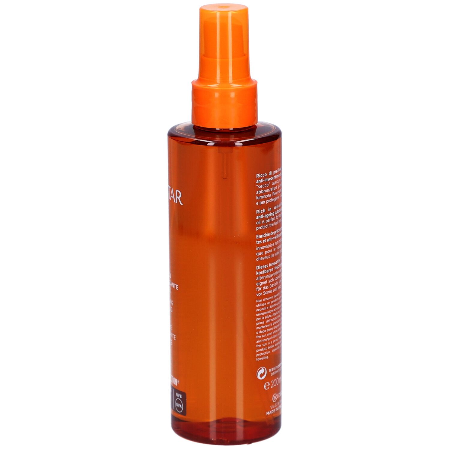 Braune Flasche mit Sprühkopf. Aufschrift: Collistar Milano, SPF 6, Öl.
