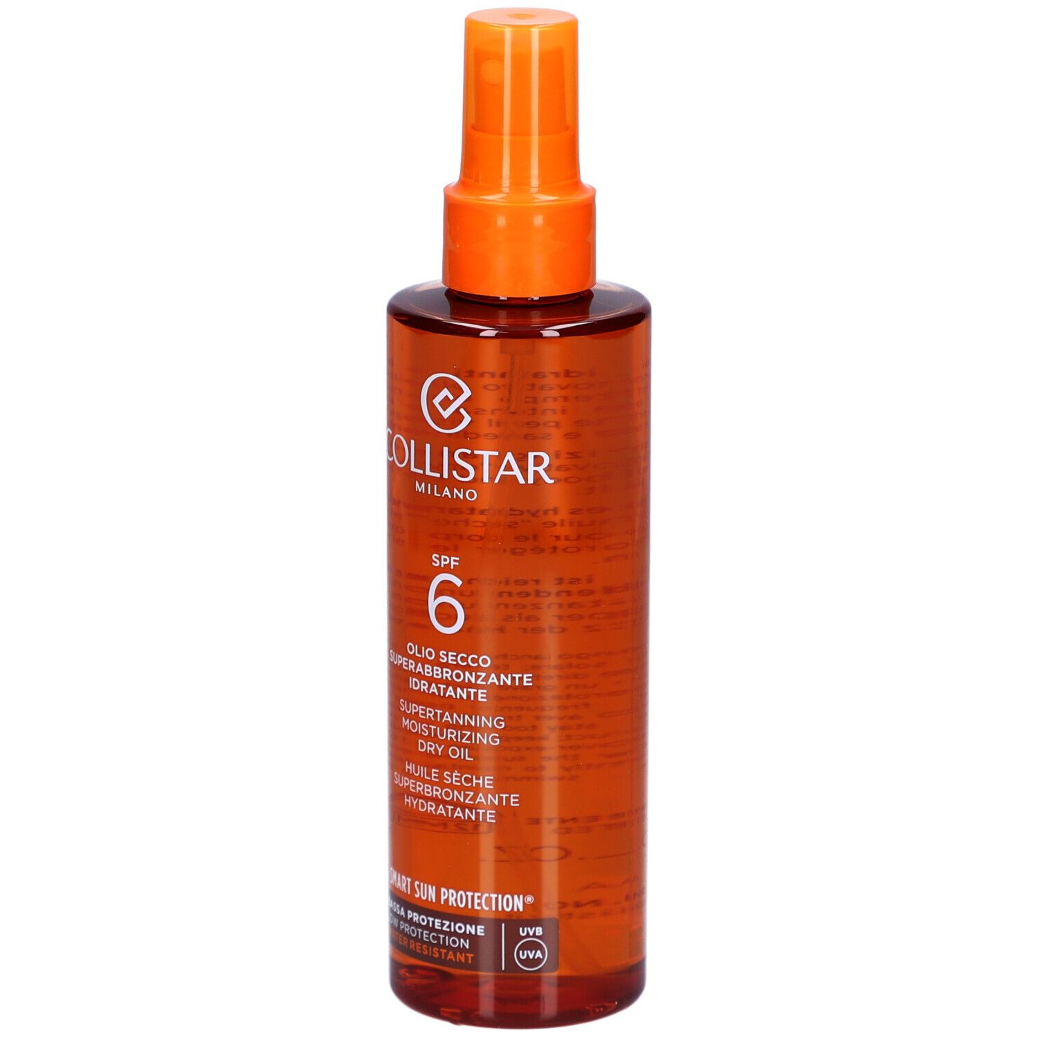 Braune Flasche mit Sprühkopf. Aufschrift: Collistar Milano, SPF 6, Öl.