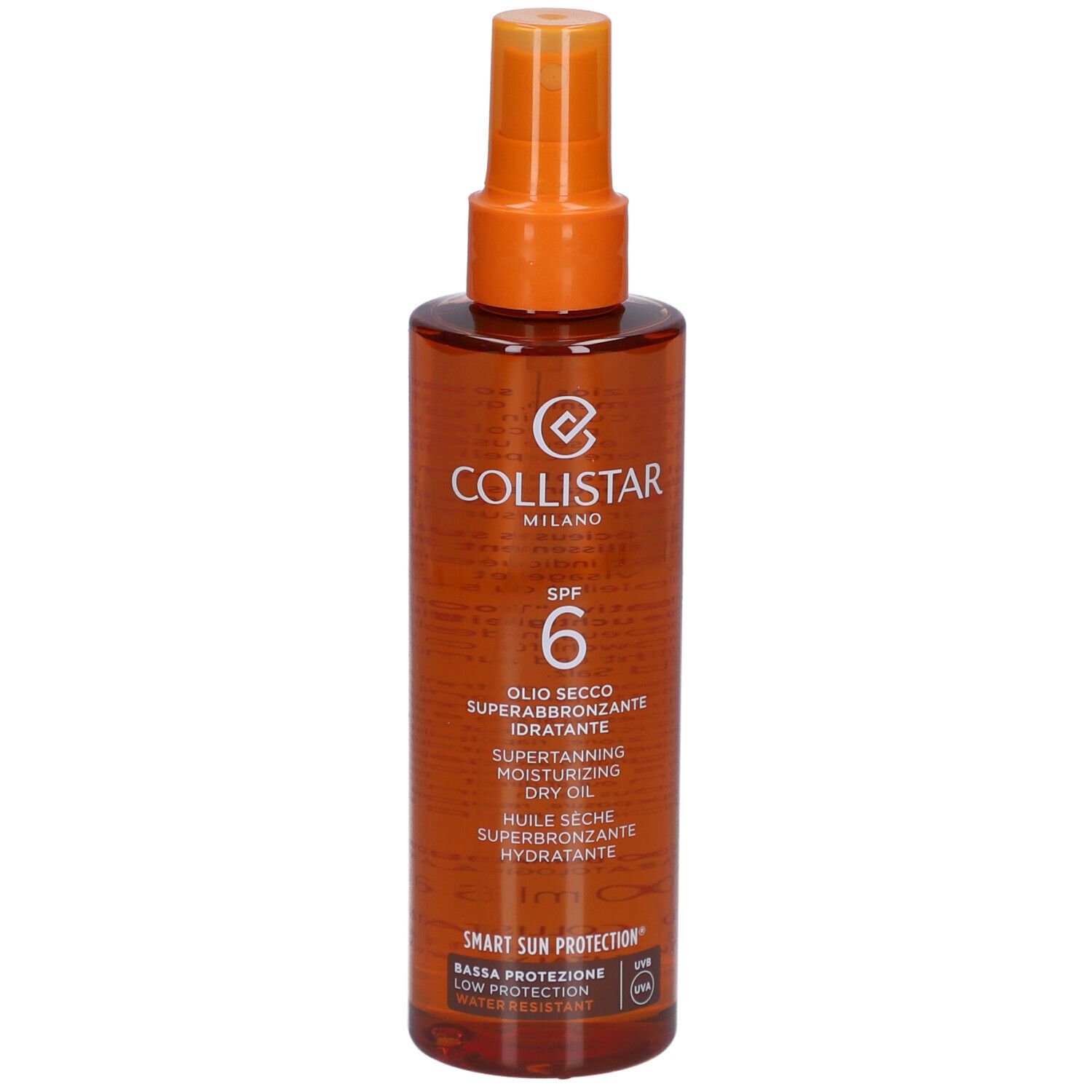 Braune Flasche mit Sprühkopf. Aufschrift: Collistar Milano, SPF 6, Öl.