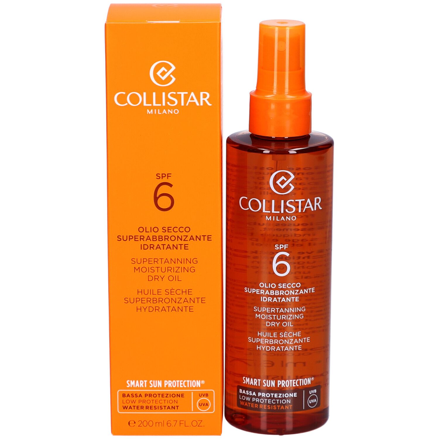 Braune Flasche mit Sprühkopf und orangefarbener Verpackung. Aufschrift: Collistar Milano, SPF 6.