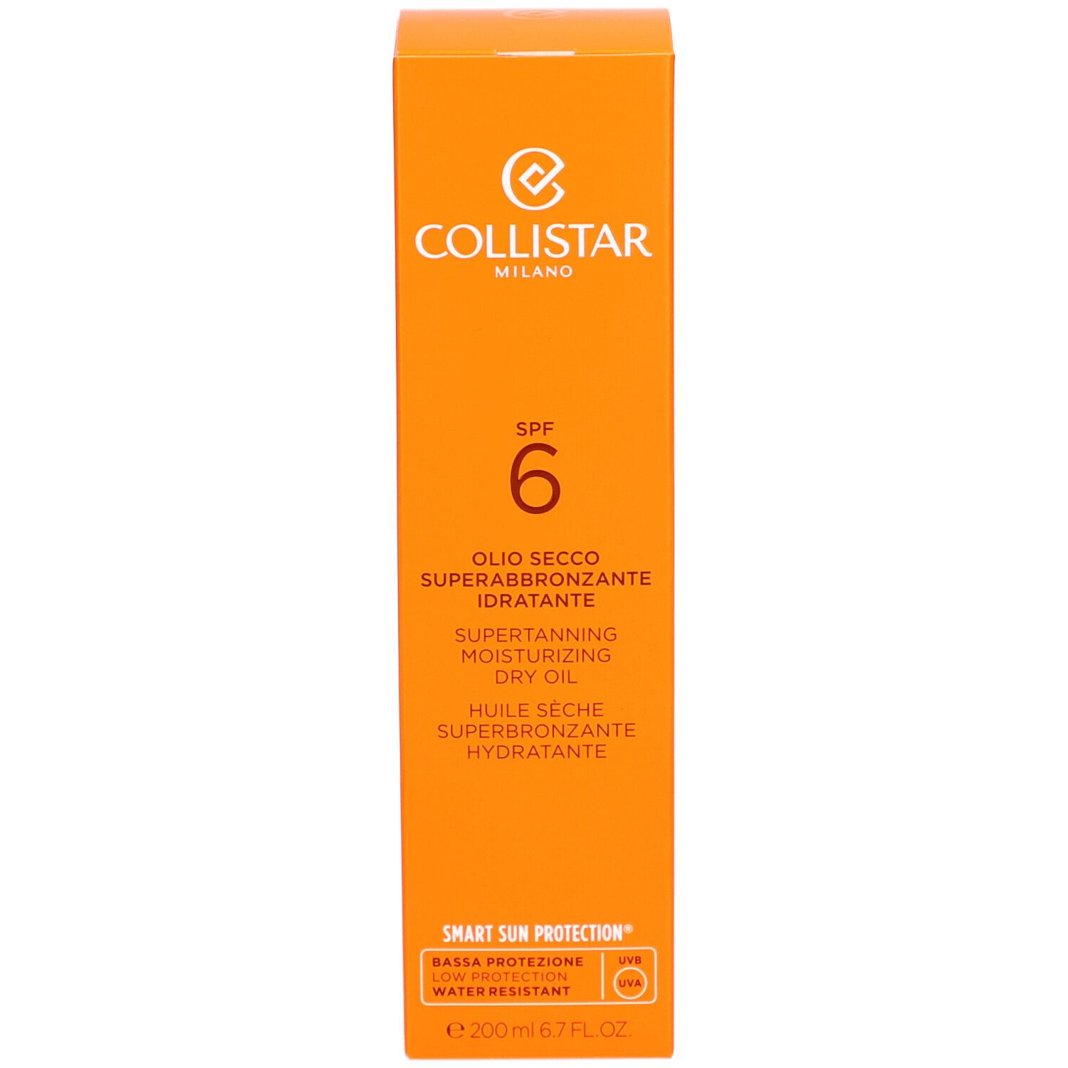 Orangefarbene Verpackung mit Aufschrift: Collistar Milano, SPF 6.