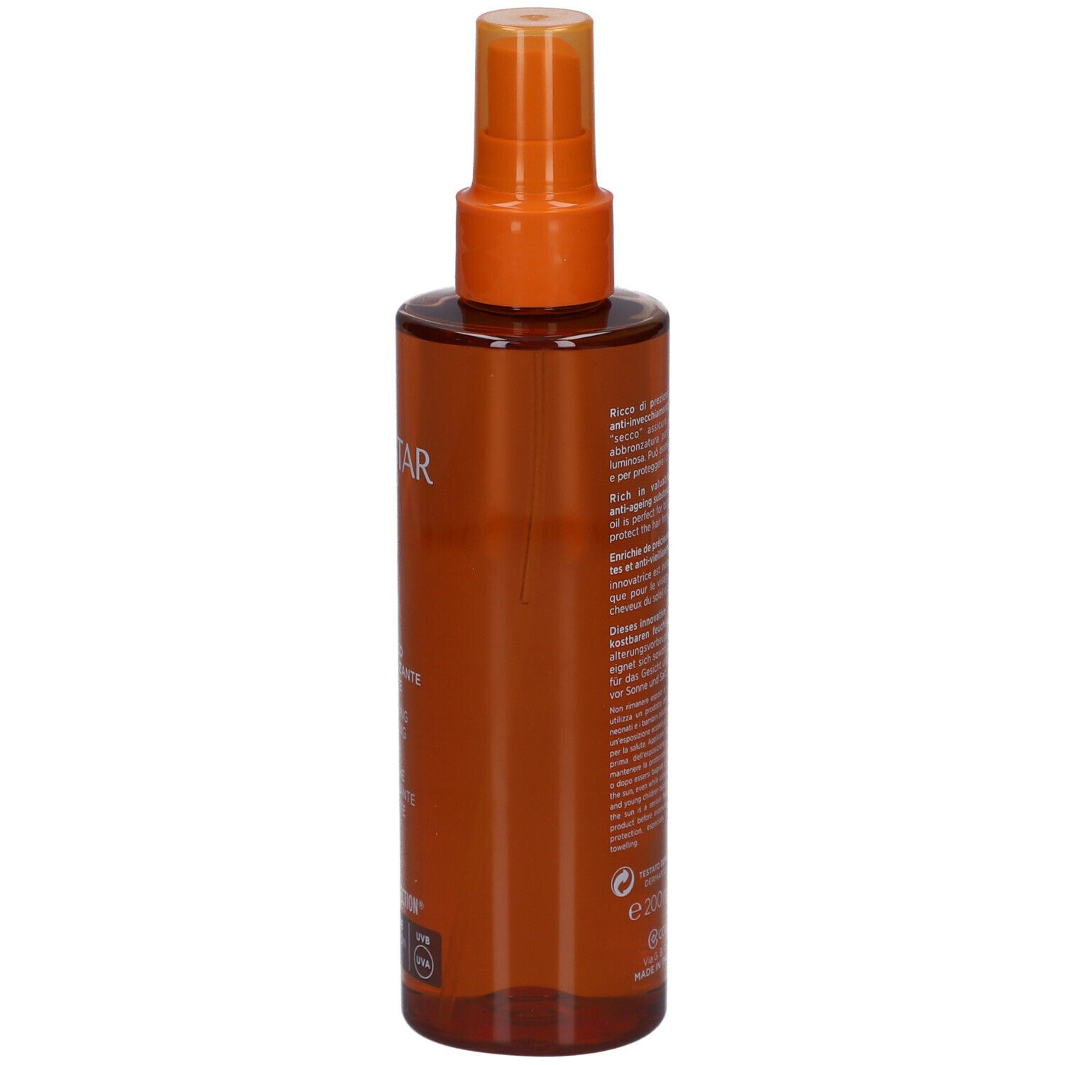 Braune Flasche mit Sprühkopf. Text auf der Rückseite. Marke: Collistar.