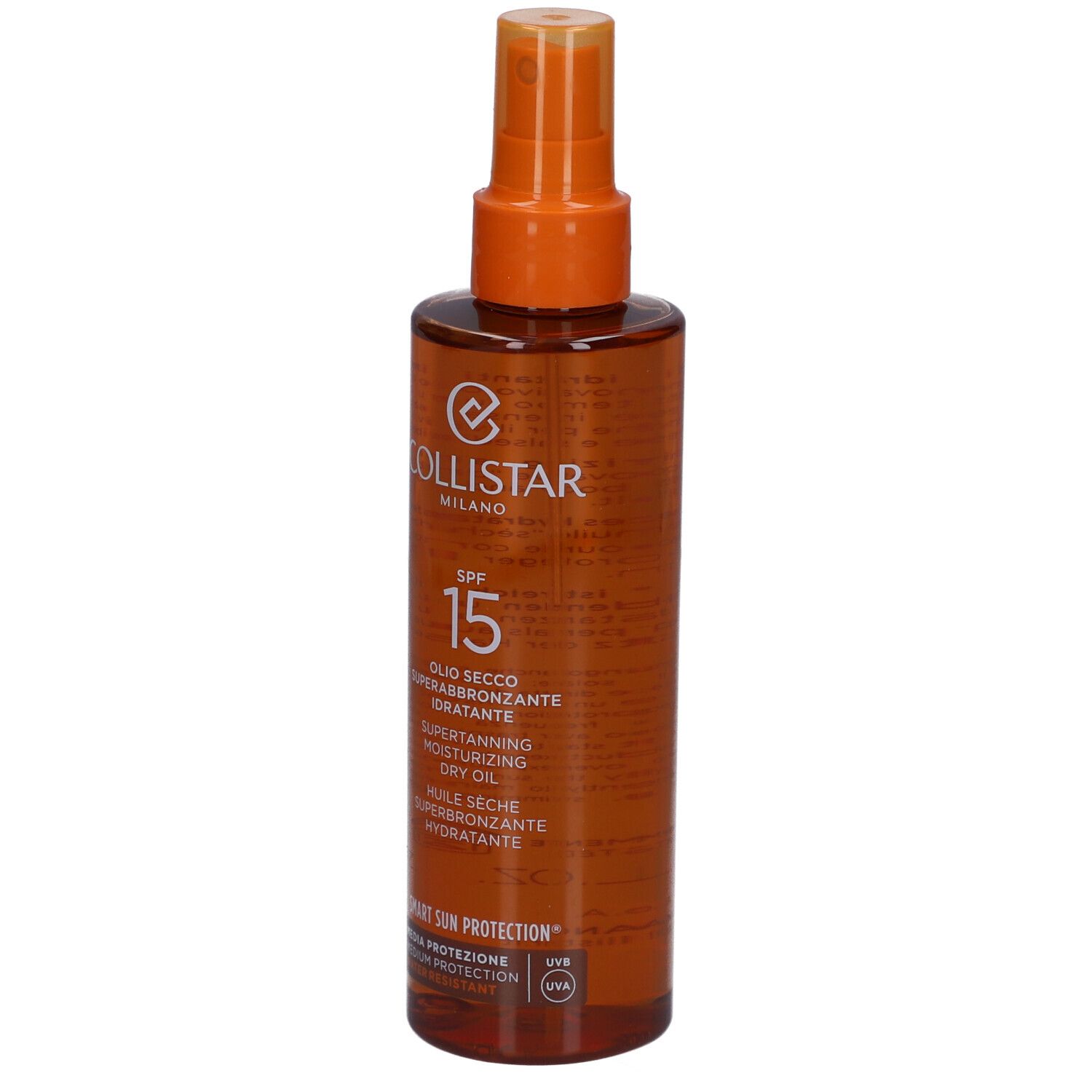 Braune Flasche mit Sprühkopf. Text: SPF 15, Superbronzant, Huile Sèche. Marke: Collistar.
