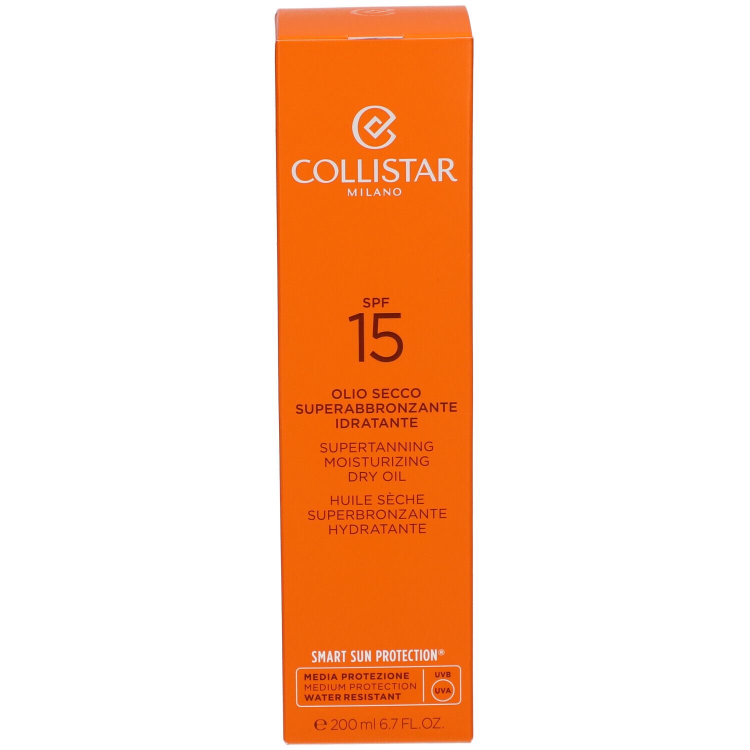 Verpackung. Text: SPF 15, Superbronzant, Huile Sèche. Marke: Collistar.