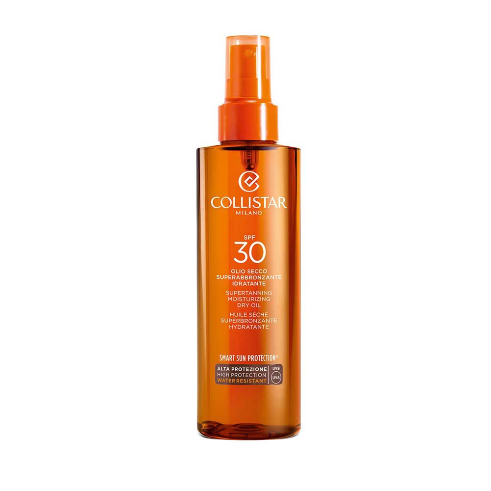 Collistar Milano SPF30 huile sèche. Flacon marron avec vaporisateur. Texte: OLI SECCO SUPERABBRONZANTE IDRATANTE.