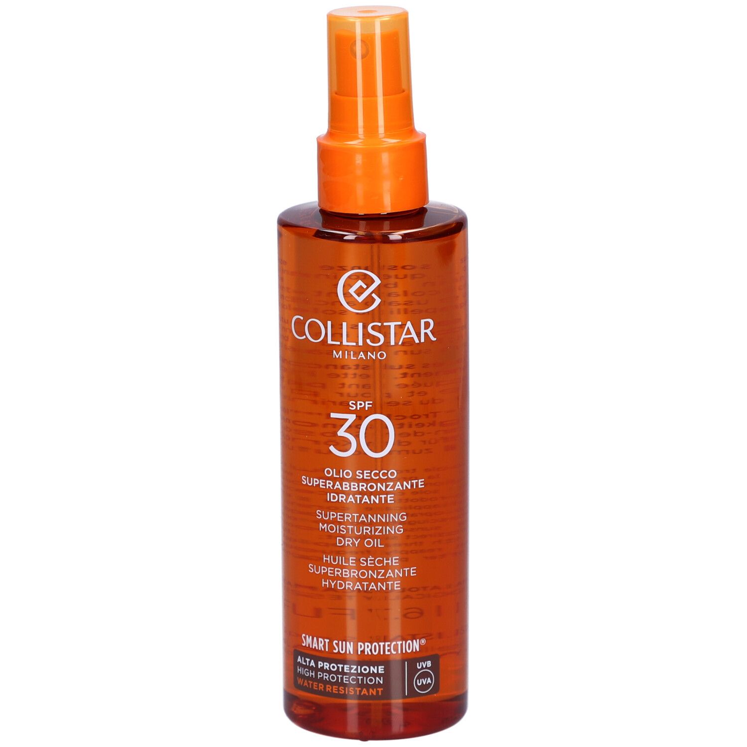 Collistar Milano SPF30 huile sèche. Flacon marron avec vaporisateur. Texte: OLI SECCO SUPERABBRONZANTE IDRATANTE.