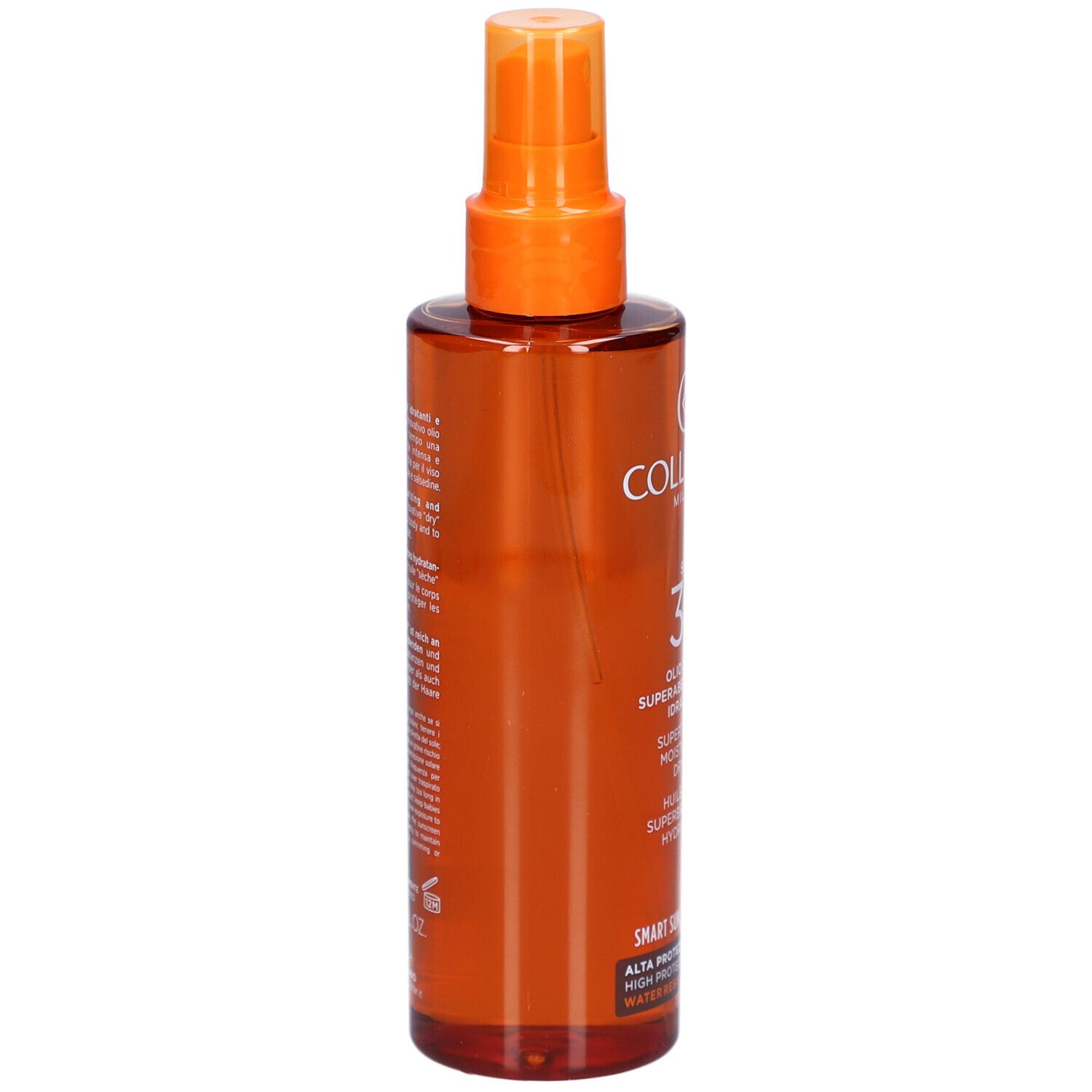 Collistar Milano SPF30 huile sèche. Flacon marron avec vaporisateur. Texte en italien et anglais.
