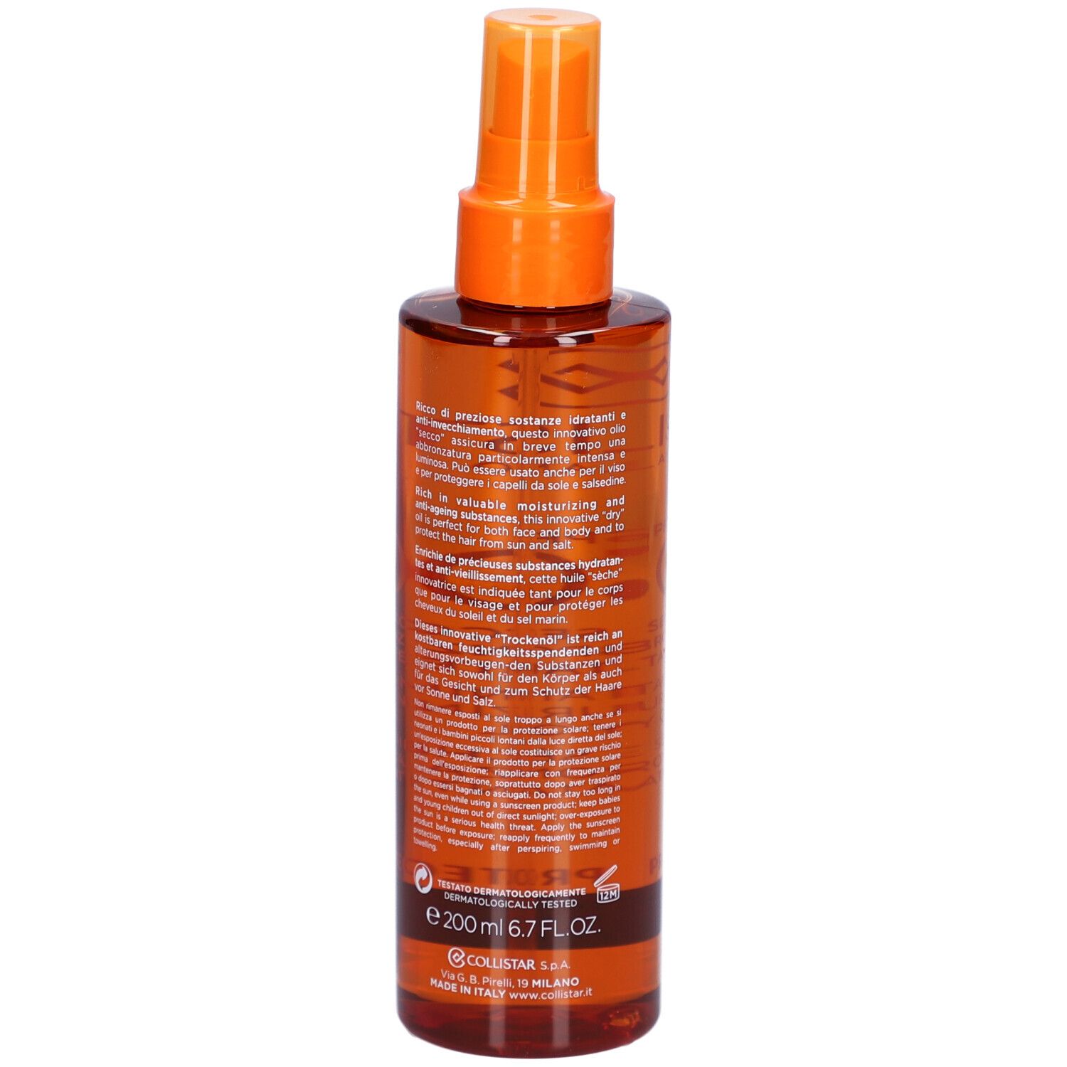 Collistar Milano SPF30 huile sèche. Flacon marron avec vaporisateur. Texte en italien et anglais.