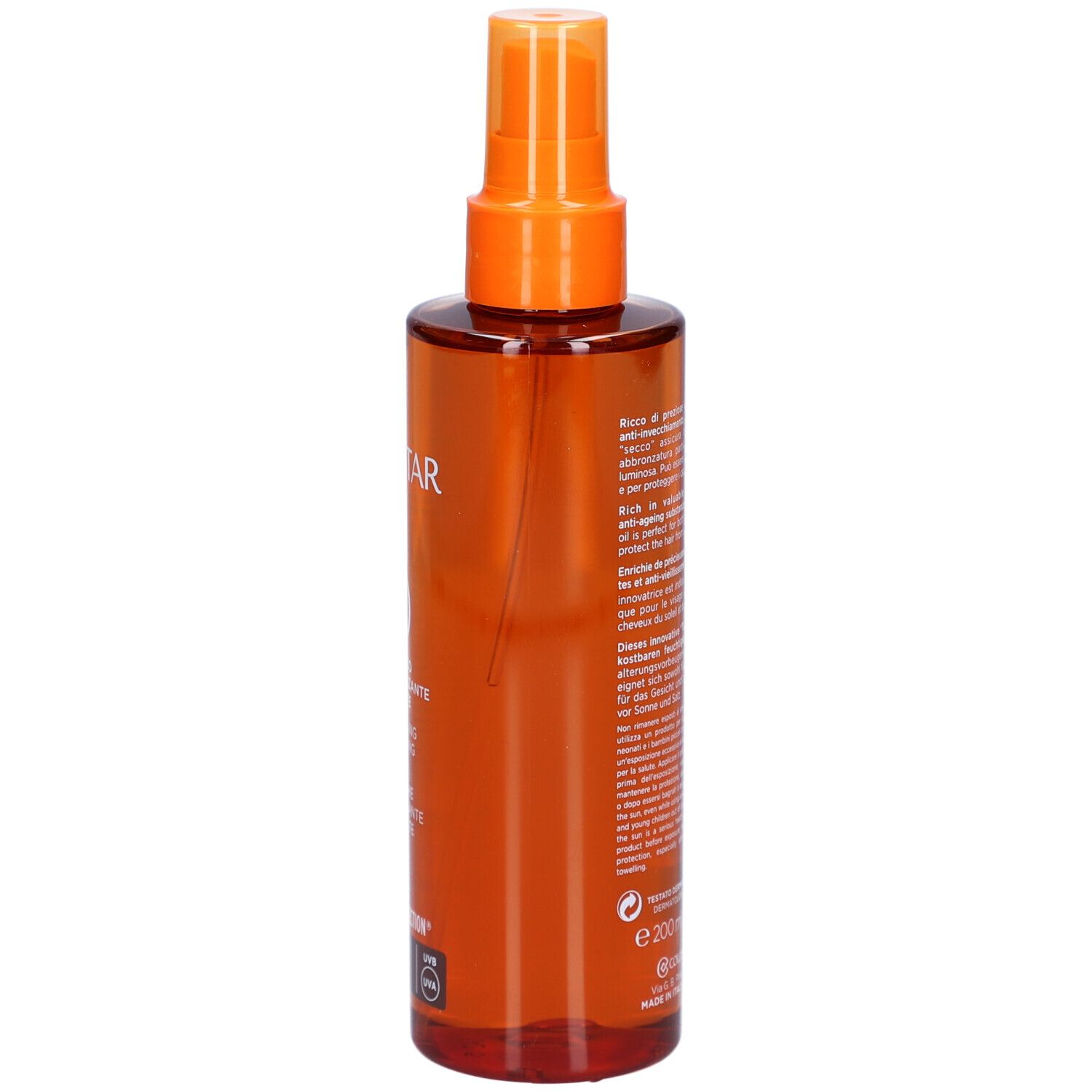 Collistar Milano SPF30 huile sèche. Flacon marron avec vaporisateur. Texte en italien et anglais.